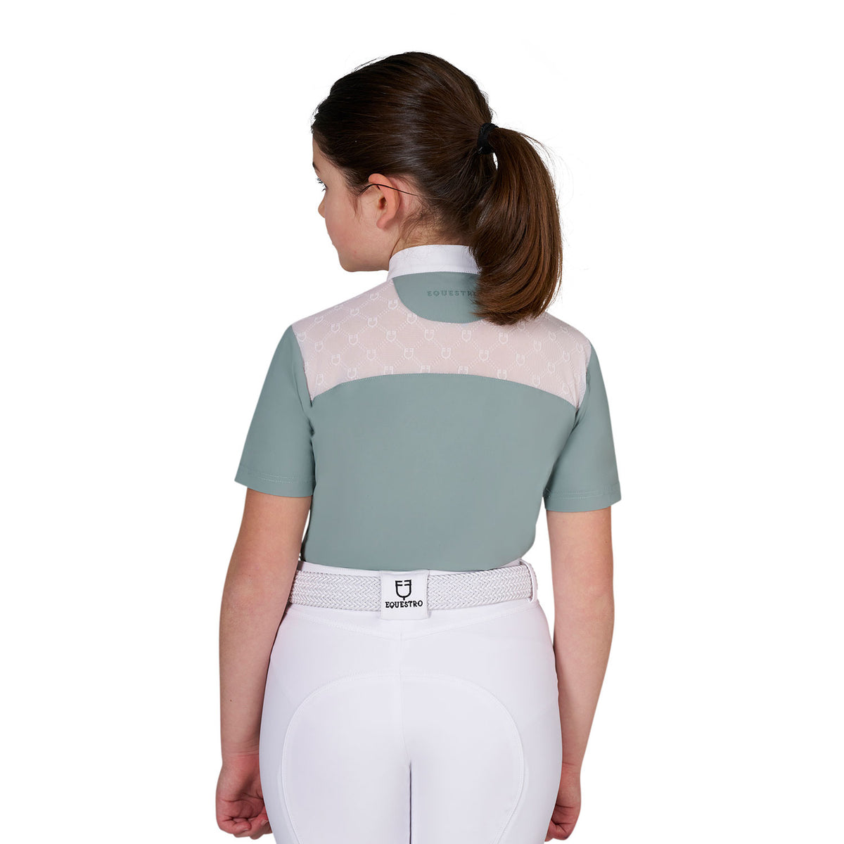Equestro Girls' Elegant Short Sleeve Monogram Competition Polo Shirt - Slate Grey