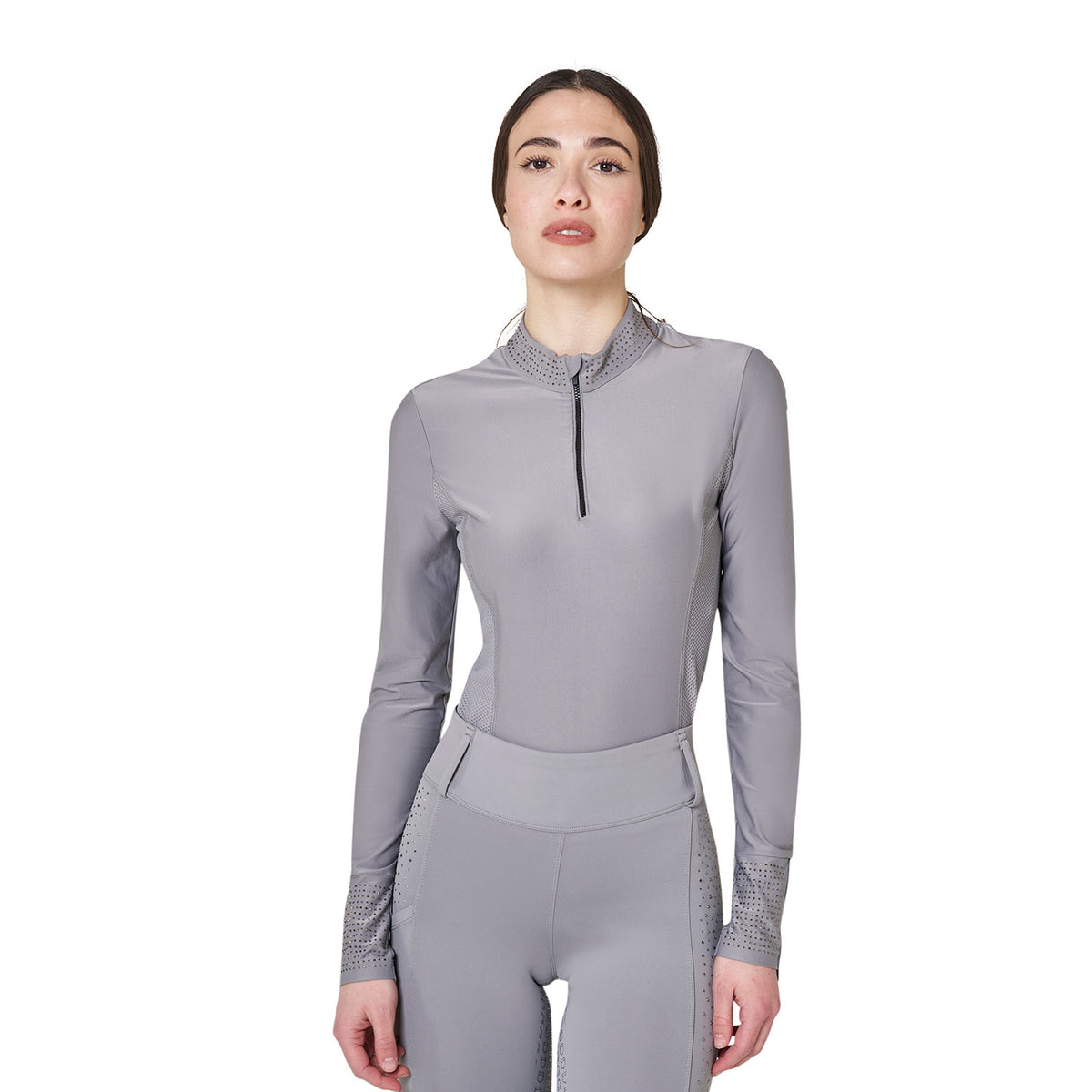 Equestro Women's Strass Technical Training Polo - Frost Grey