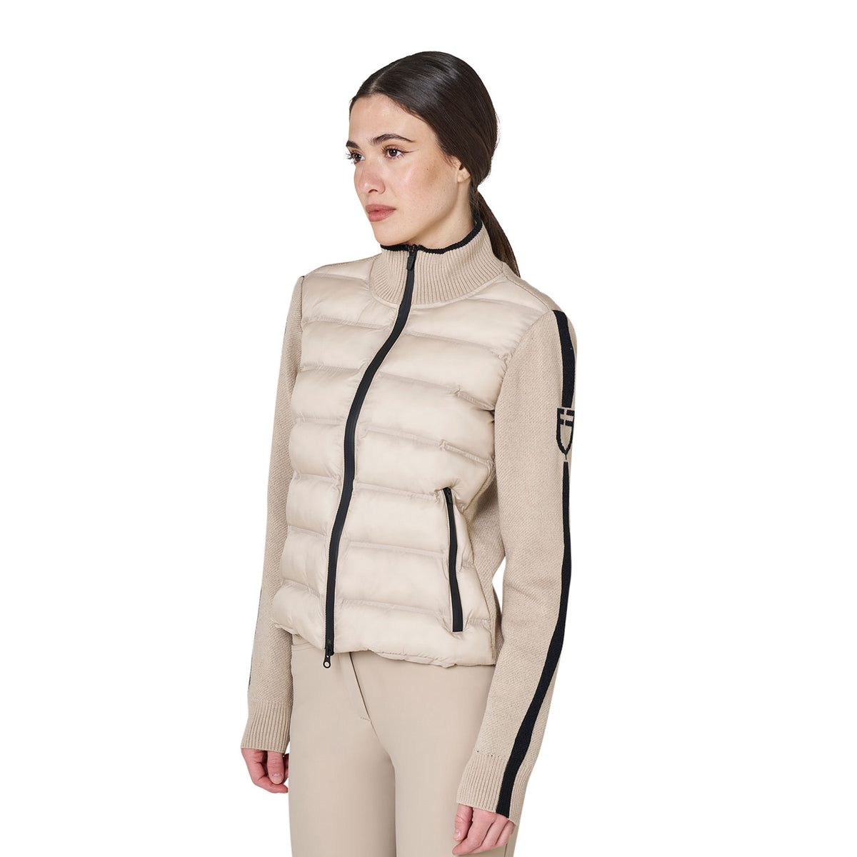 Equestro Women's Full Zip Hybrid Nylon + Knit Jacket - Cobblestone