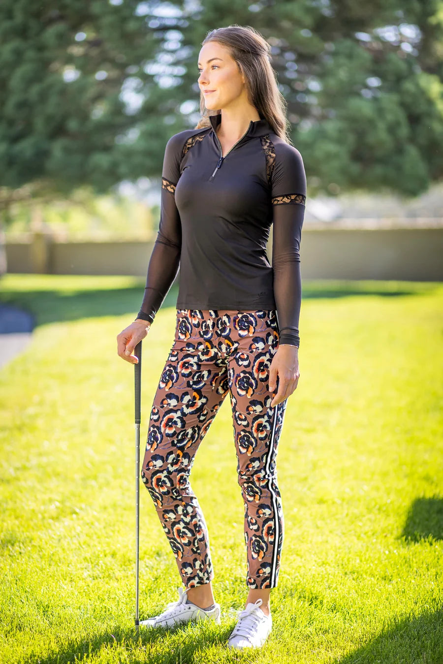 Kastel Black 1/4 Zip Long Sleeve Top w/Mesh Sleeves & Lace Insets