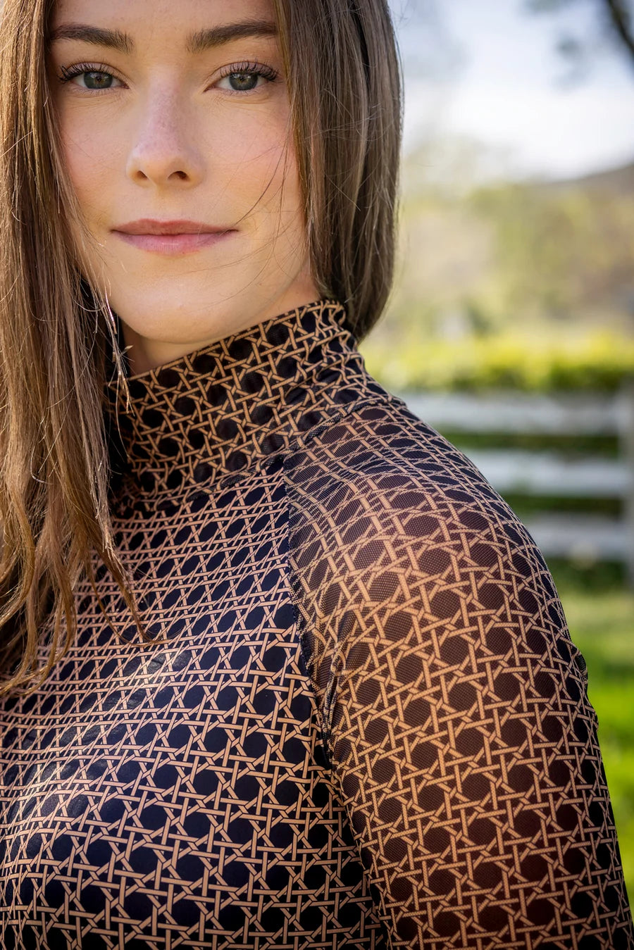 Kastel Camel Basketweave Mock Neck Long Sleeve Mesh Raglan