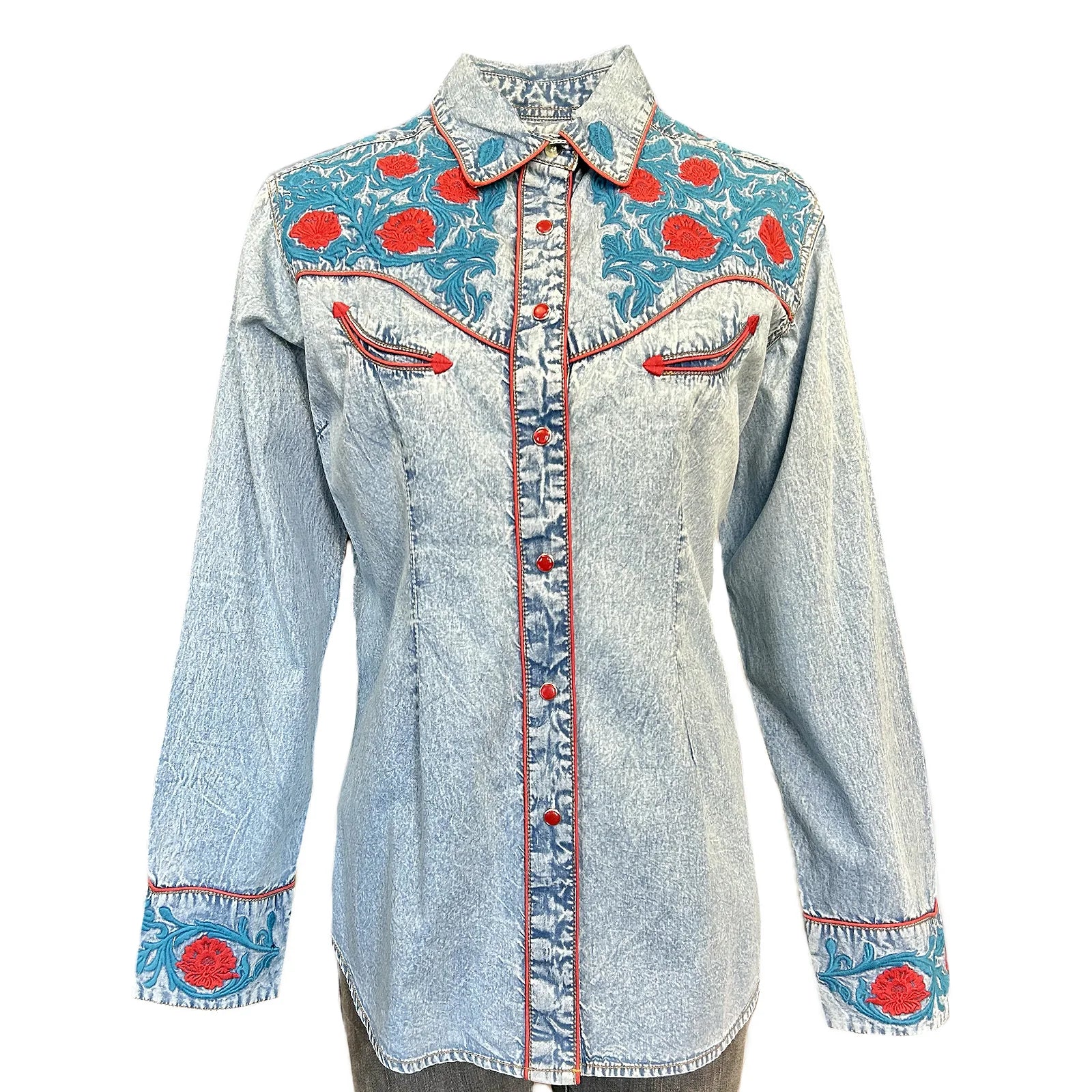 Rockmount Ranch Wear Women's Vintage Denim Floral Embroidered Western Shirt