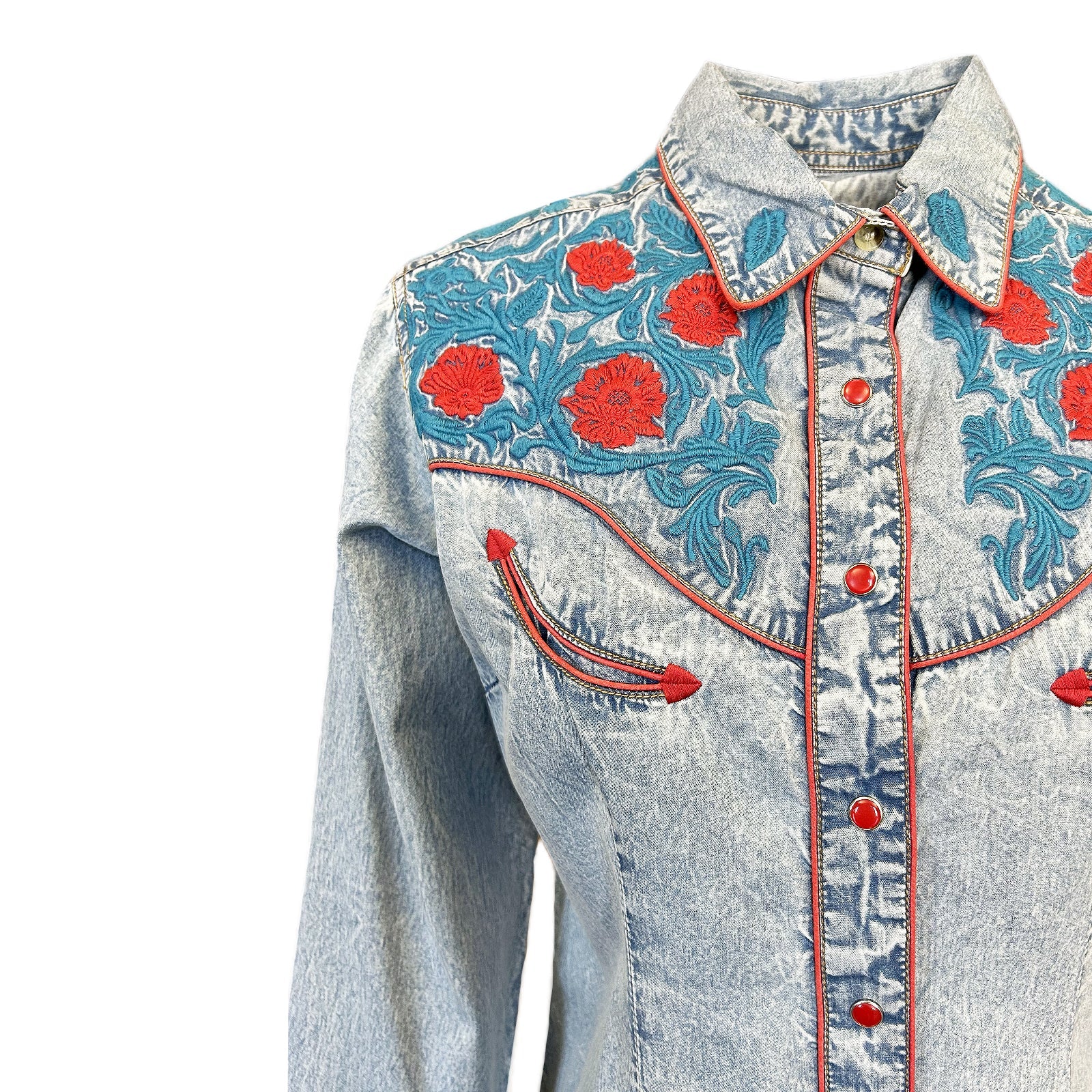 Rockmount Ranch Wear Women's Vintage Denim Floral Embroidered Western Shirt