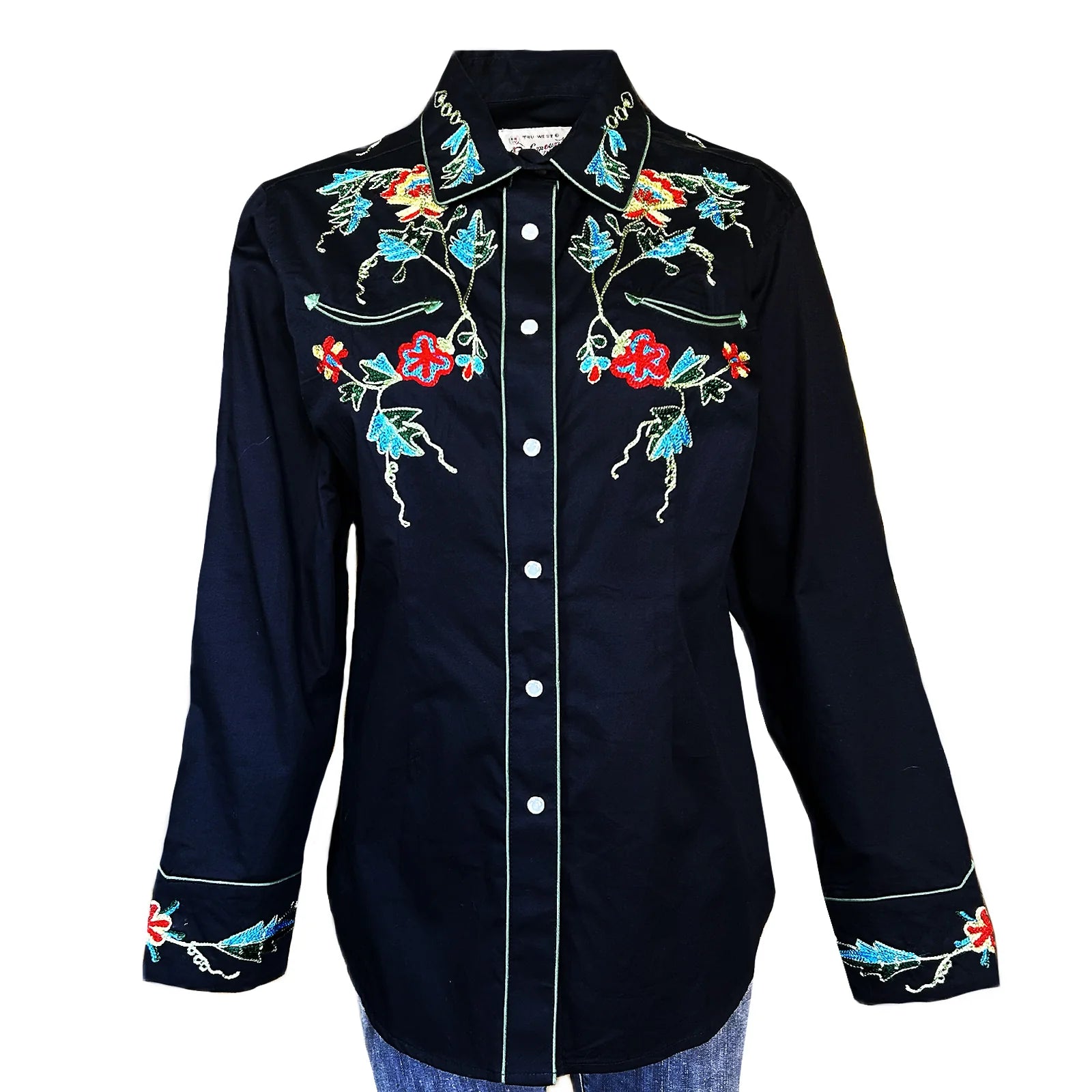Rockmount Ranch Wear Women's Black Floral Cotton Gabardine Embroidered Western Shirt