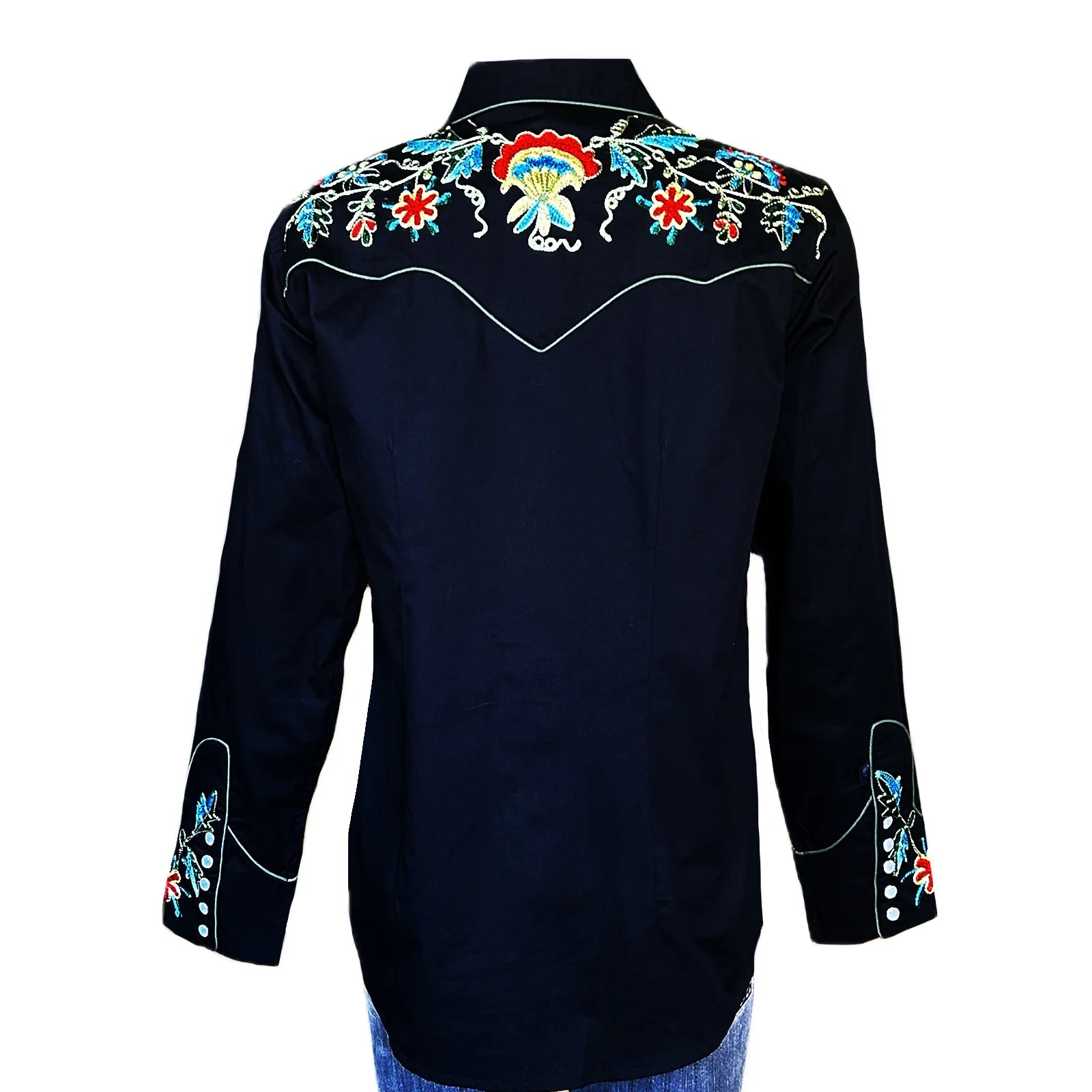 Rockmount Ranch Wear Women's Black Floral Cotton Gabardine Embroidered Western Shirt
