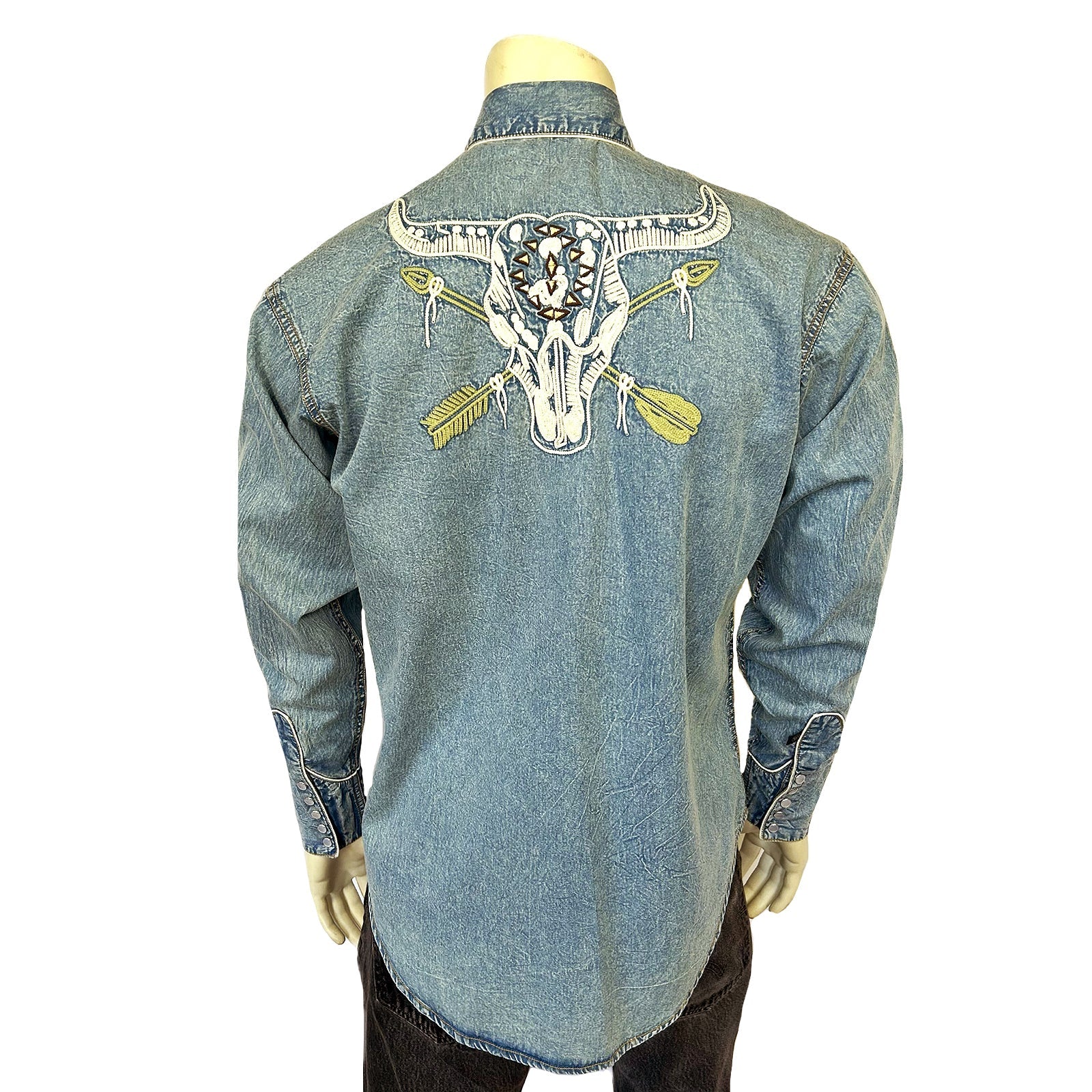 Rockmount Ranch Wear Men’s Vintage Denim Steer Skull & Arrow Chain Stitch Embroidered Western Shirt