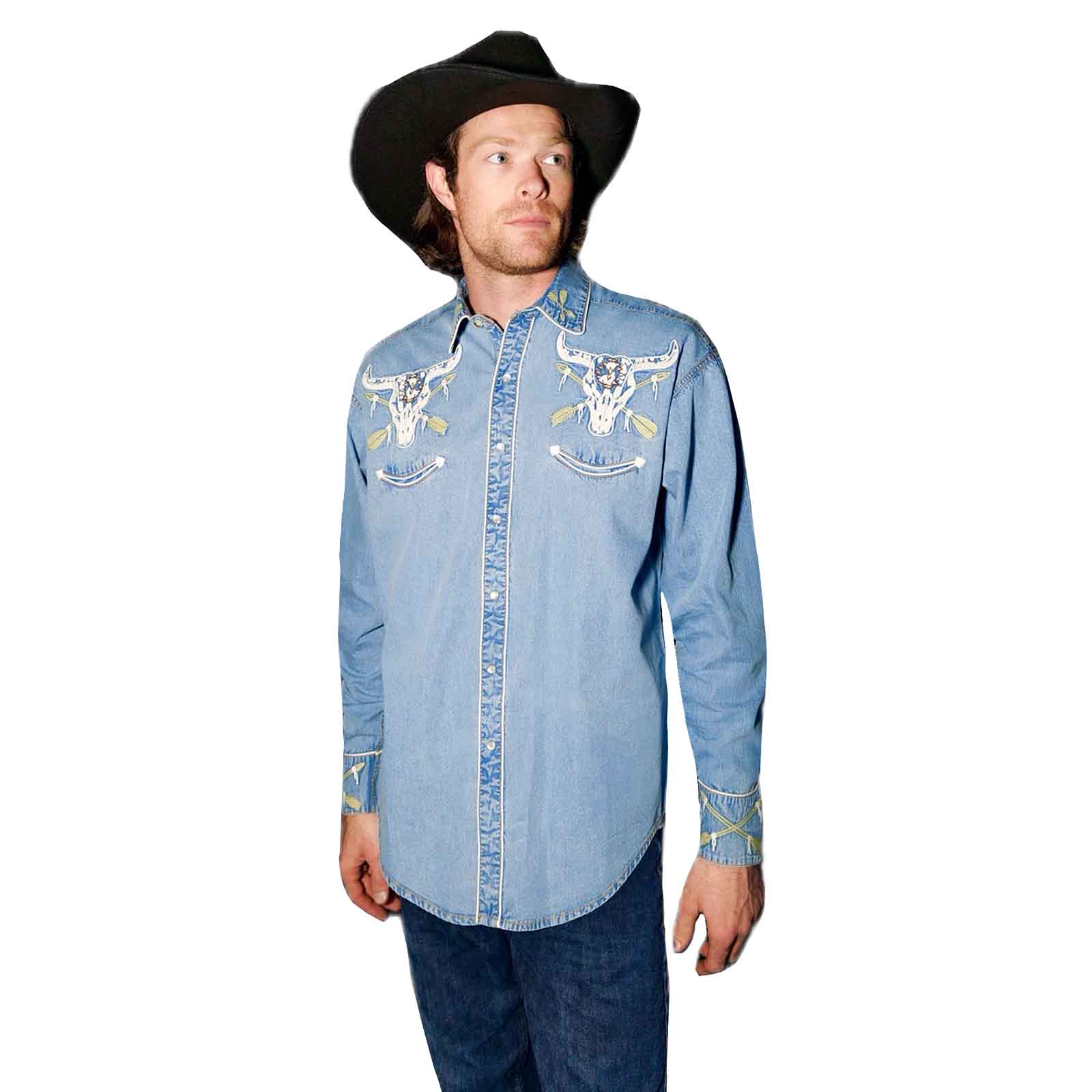 Rockmount Ranch Wear Men’s Vintage Denim Steer Skull & Arrow Chain Stitch Embroidered Western Shirt