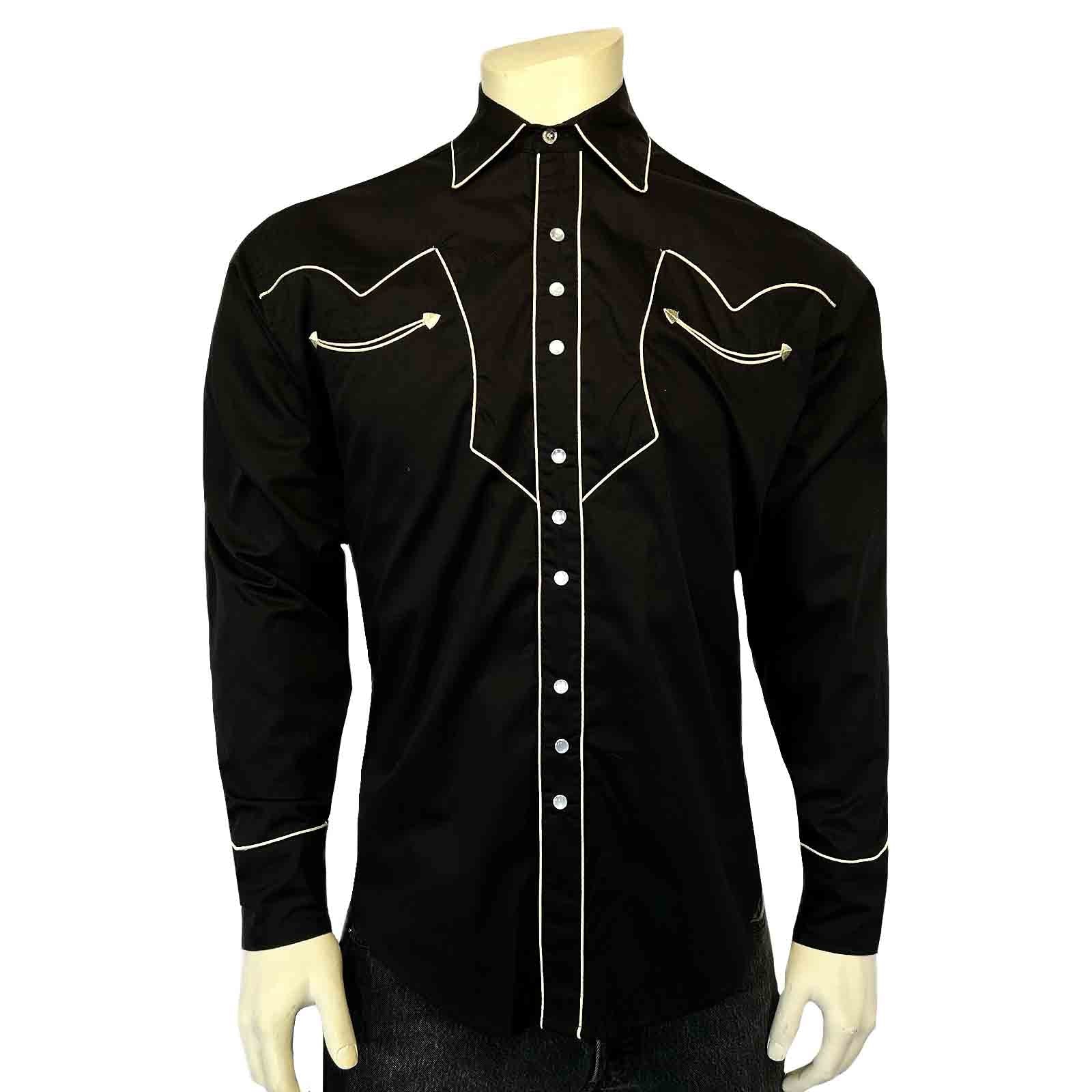 Men's Vintage Solid Black Western Shirt with Piped Lightning Yokes - XL
