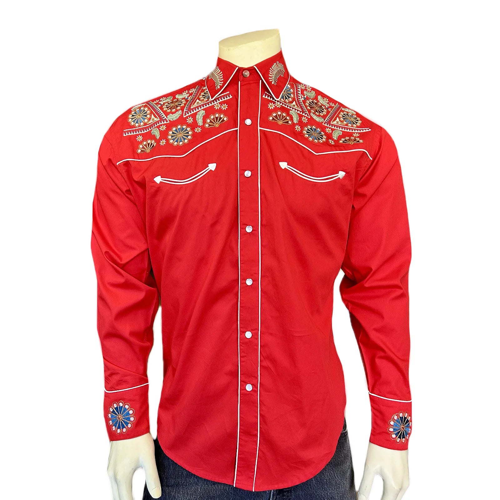 Men's Vintage Red Floral & Stars Embroidered Western Shirt - M Men's Vintage Red Floral & Stars Embroidered Western Shirt - M