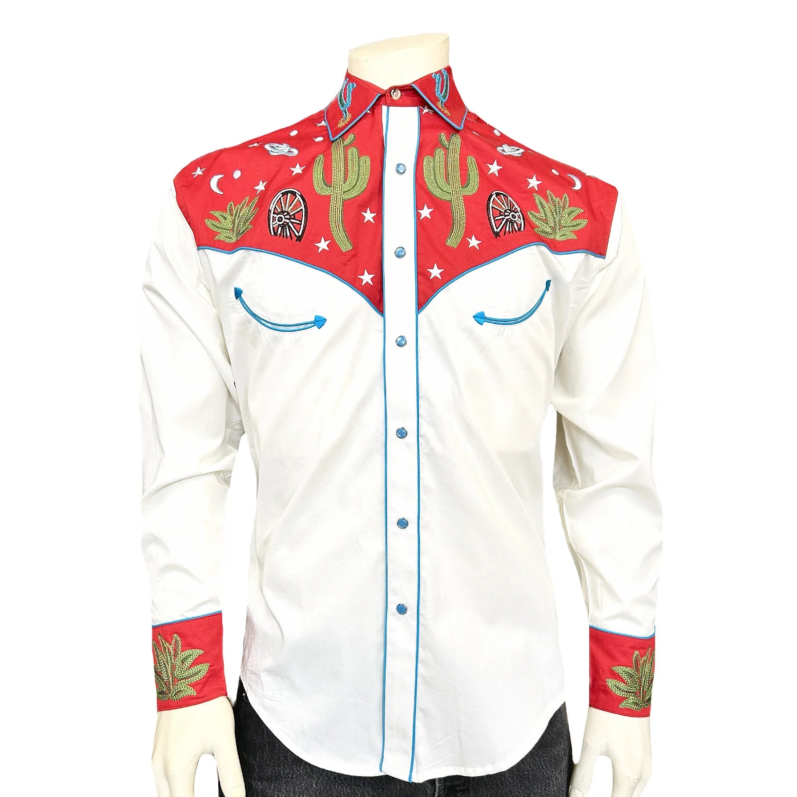 Rockmount Ranch Wear Men's Vintage Red Cactus & Stars Chain Stitch Embroidered Western Shirt