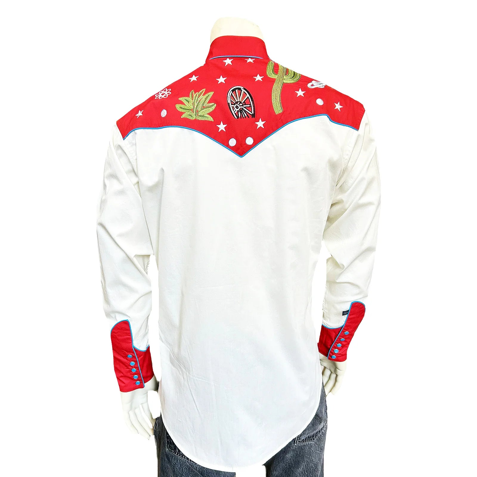 Rockmount Ranch Wear Men's Vintage Red Cactus & Stars Chain Stitch Embroidered Western Shirt