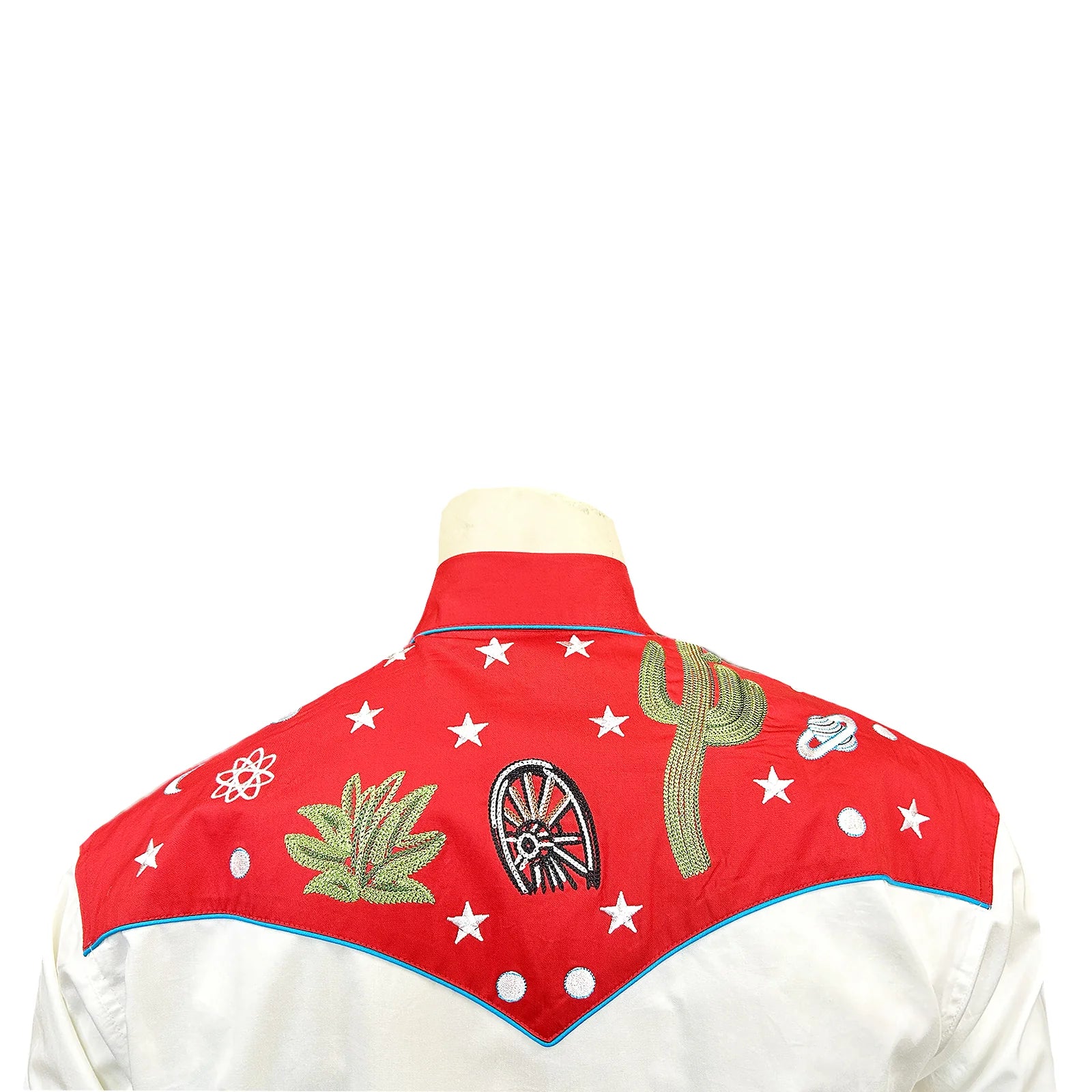 Rockmount Ranch Wear Men's Vintage Red Cactus & Stars Chain Stitch Embroidered Western Shirt