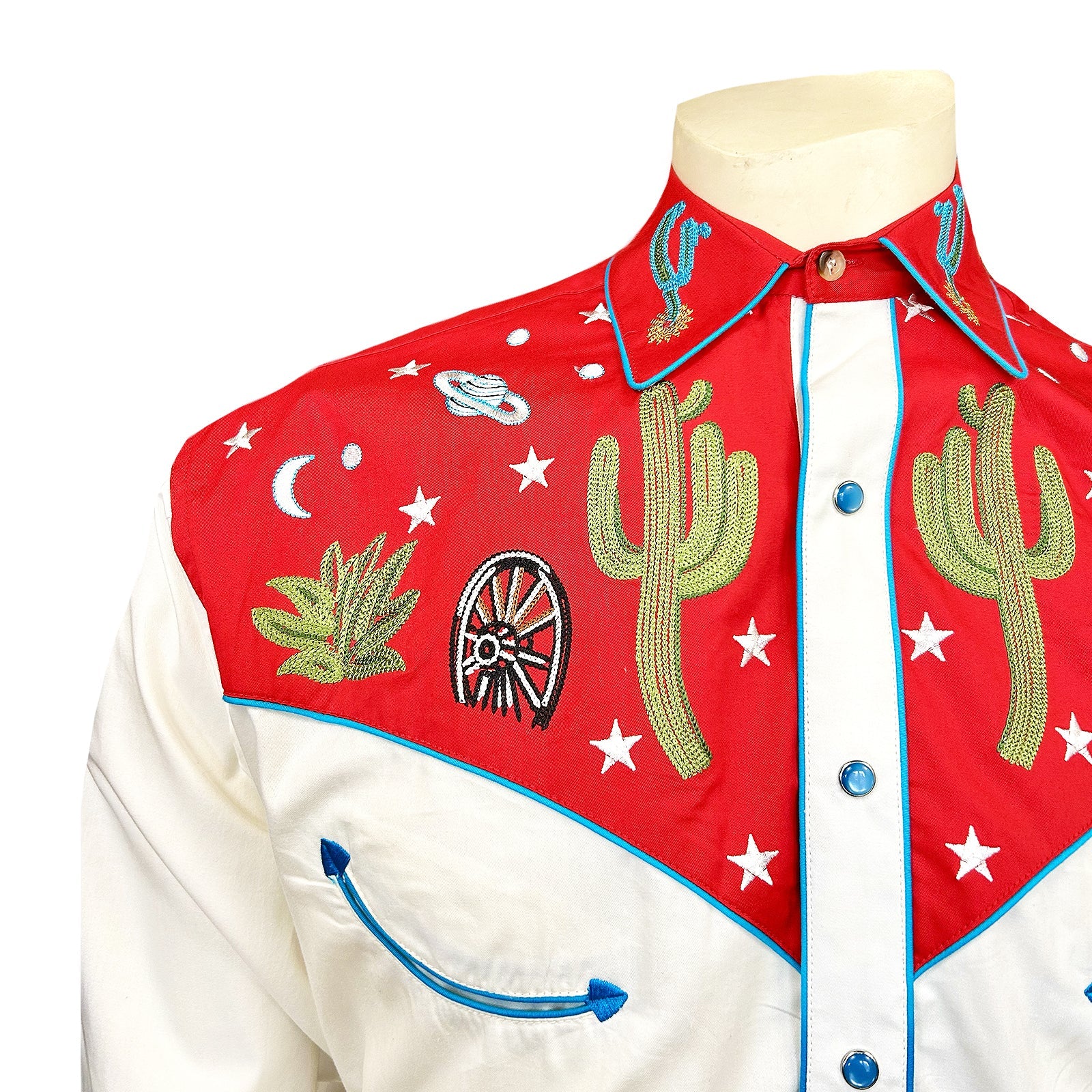 Rockmount Ranch Wear Men's Vintage Red Cactus & Stars Chain Stitch Embroidered Western Shirt