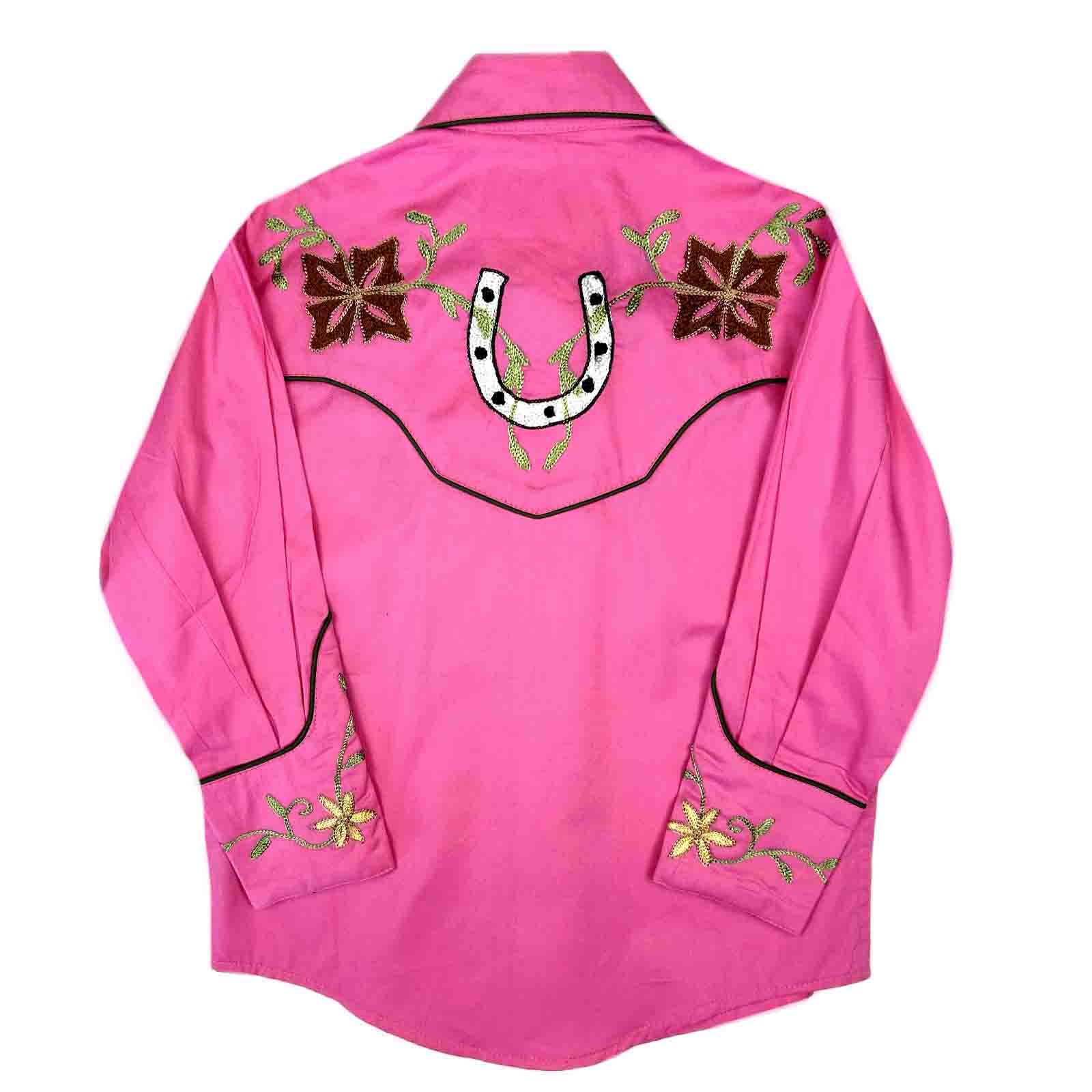 Rockmount Ranch Wear Kid's Pink Embroidered Floral with Lucky Horseshoes Western Shirt