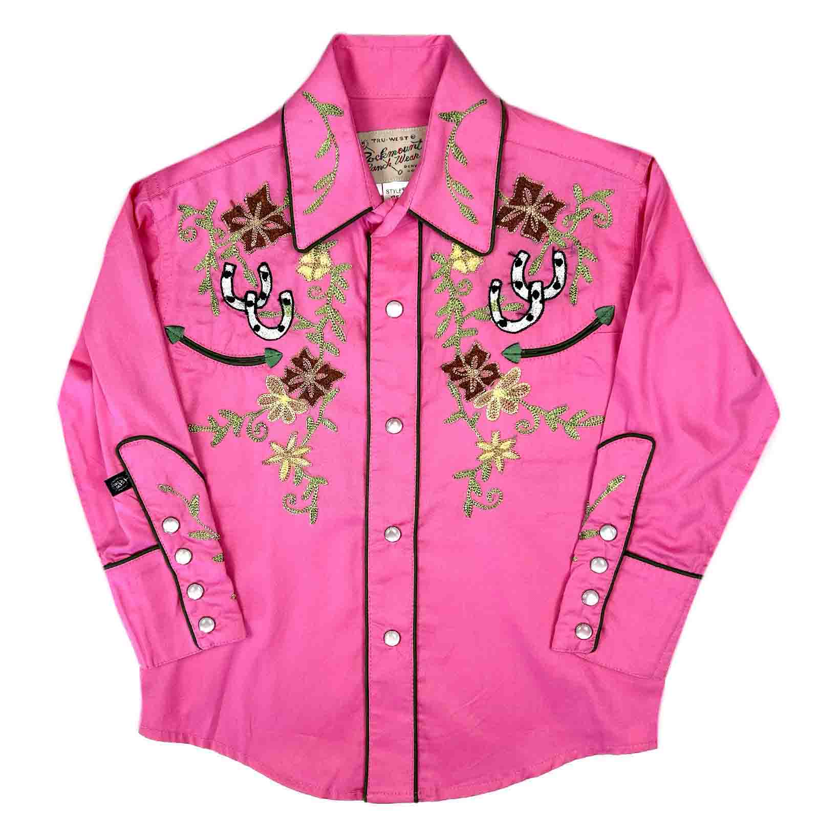 Rockmount Ranch Wear Kid's Pink Embroidered Floral with Lucky Horseshoes Western Shirt