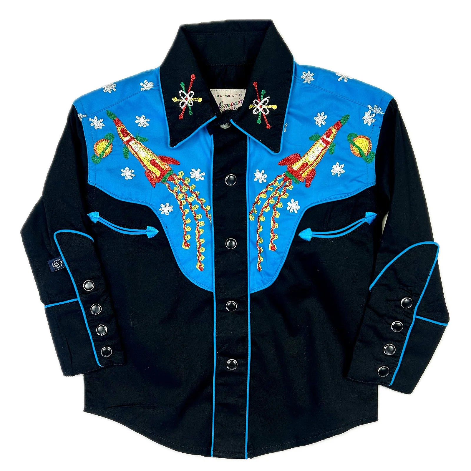 Rockmount Ranch Wear Kid's 2-Tone Space Cowboy Embroidered Western Shirt in Black & Turquoise