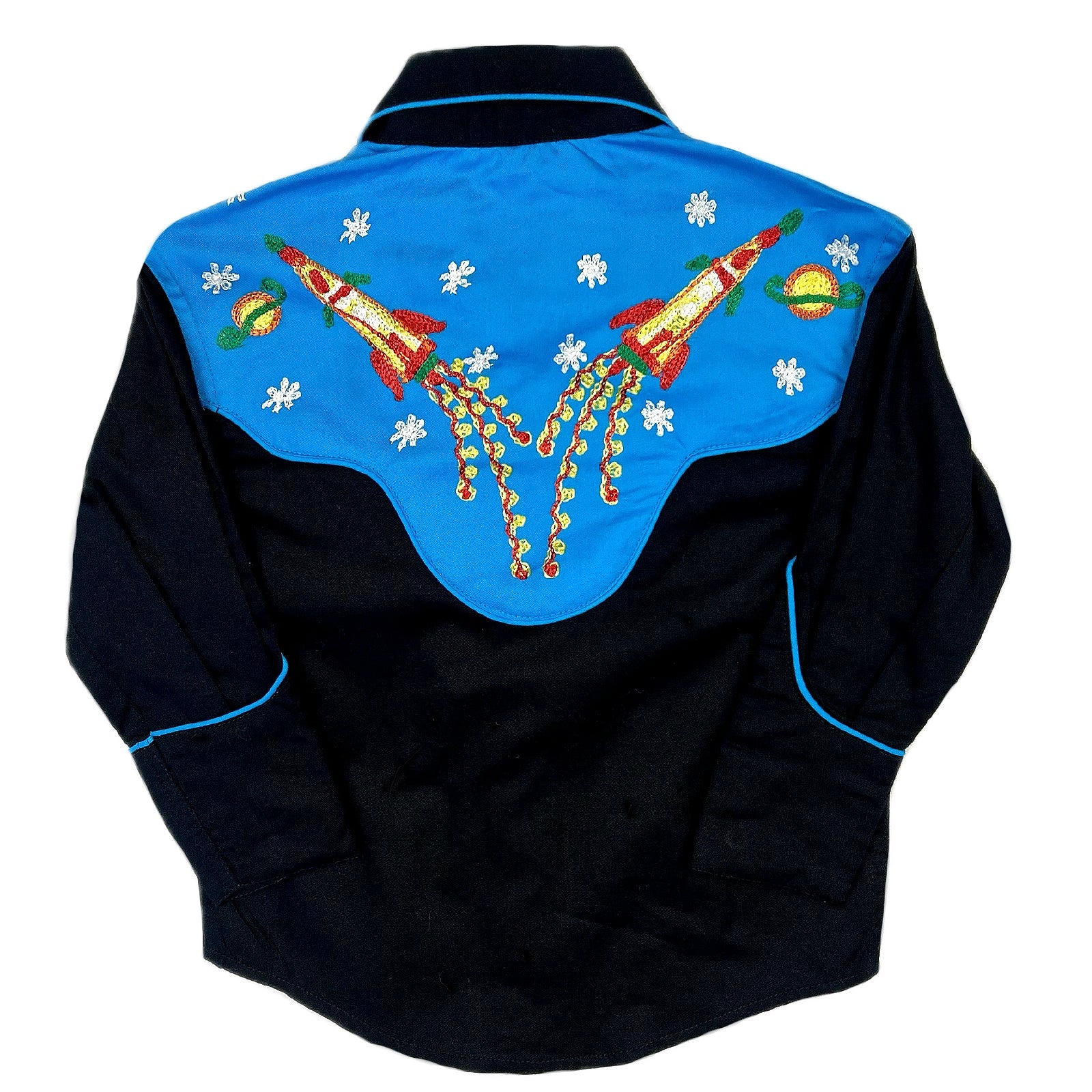 Rockmount Ranch Wear Kid's 2-Tone Space Cowboy Embroidered Western Shirt in Black & Turquoise
