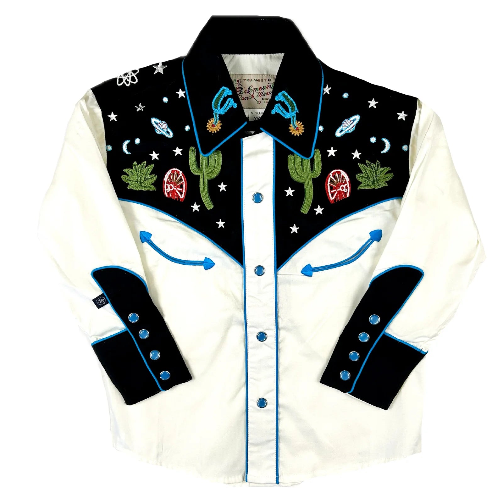 Rockmount Ranch Wear Kid's Vintage Black Cactus & Stars Chain Stitch Embroidered Western Shirt
