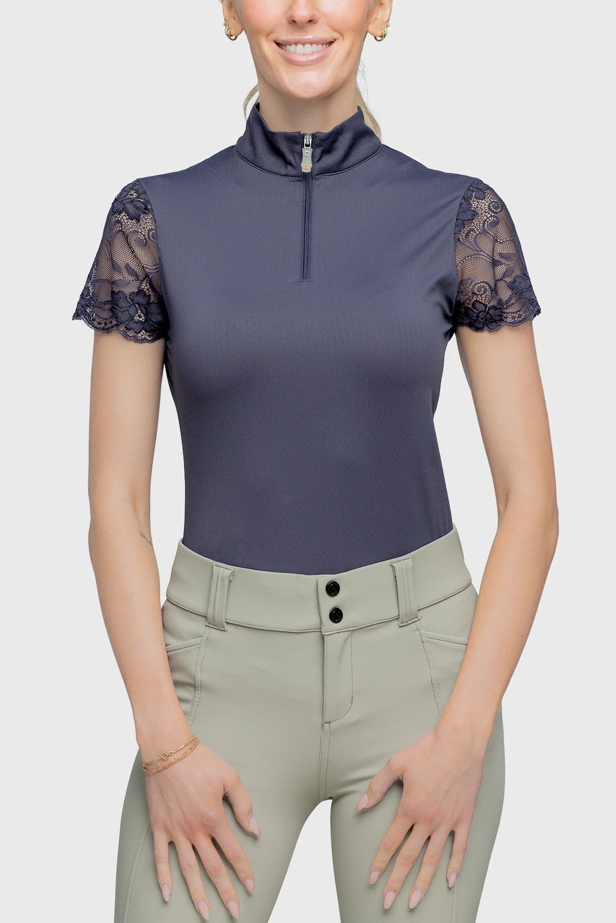 Kastel Cap Sleeve Navy Galoon Lace 1/4 Zip Lace