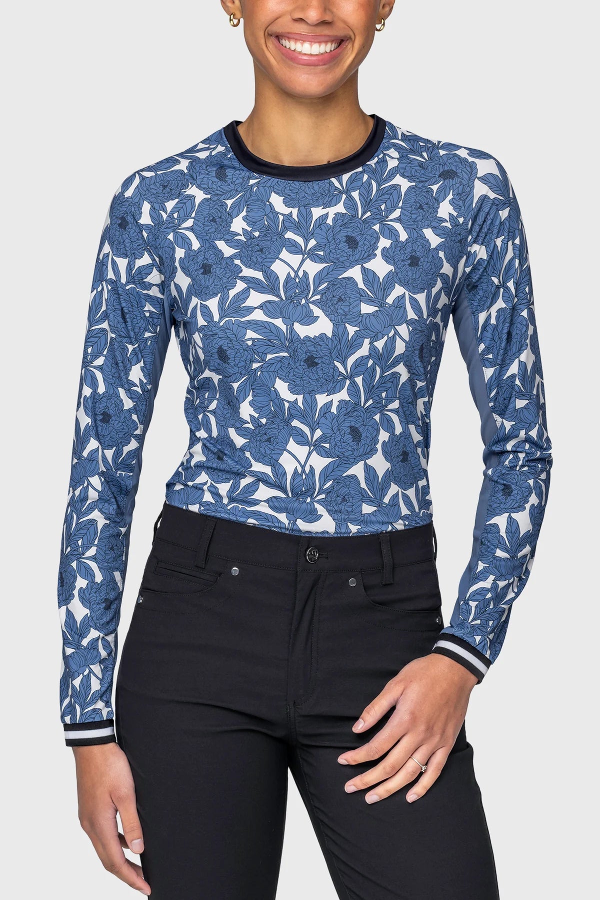 Kastel Pacific Blue Wild Rose W/ Striped Cuff Long Sleeve Crewneck