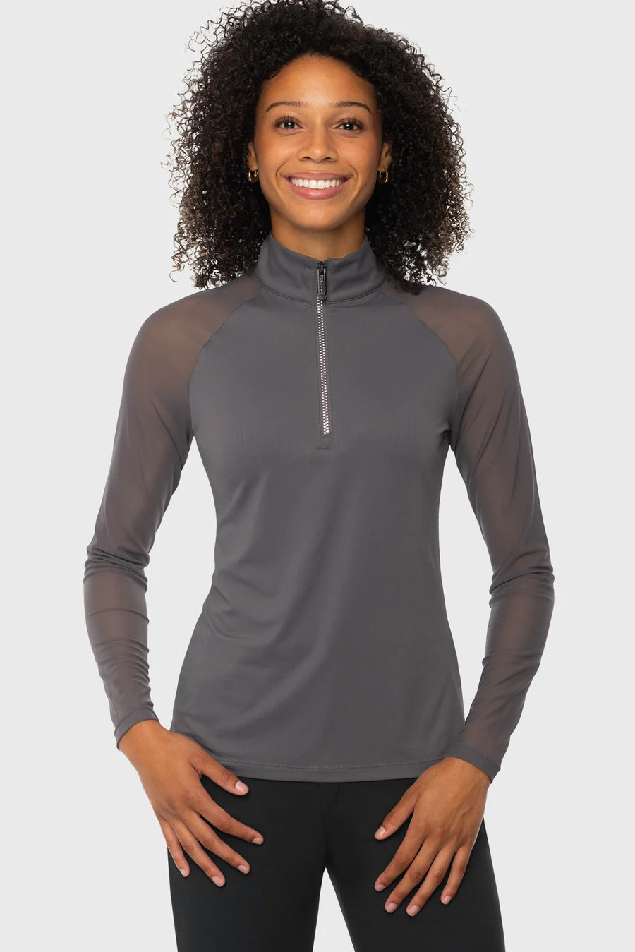 Kastel Slate 1/4 Zip Long Sleeve Top w/Mesh Sleeves & Crystal Zipper