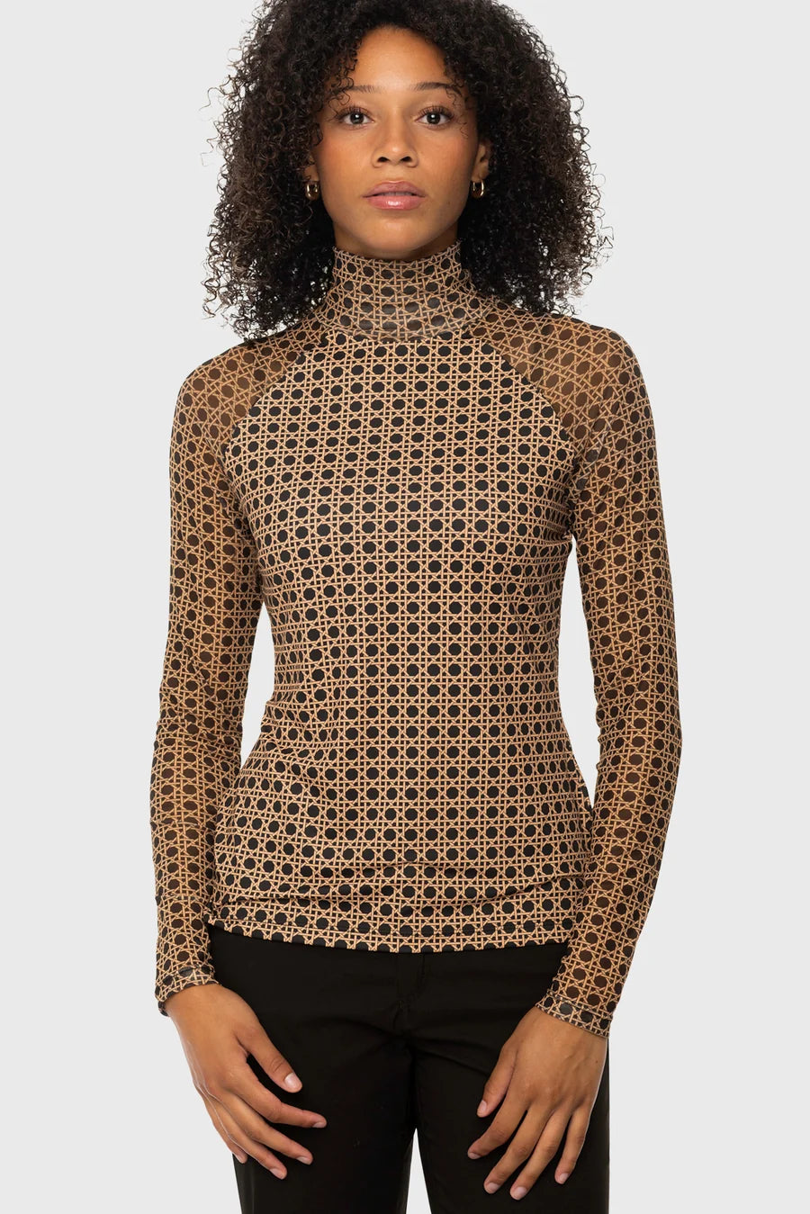 Kastel Camel Basketweave Mock Neck Long Sleeve Mesh Raglan