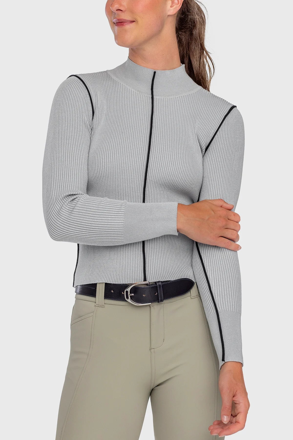 Kastel Dove Grey Ribbed Mock Neck Sweater With Black Piping