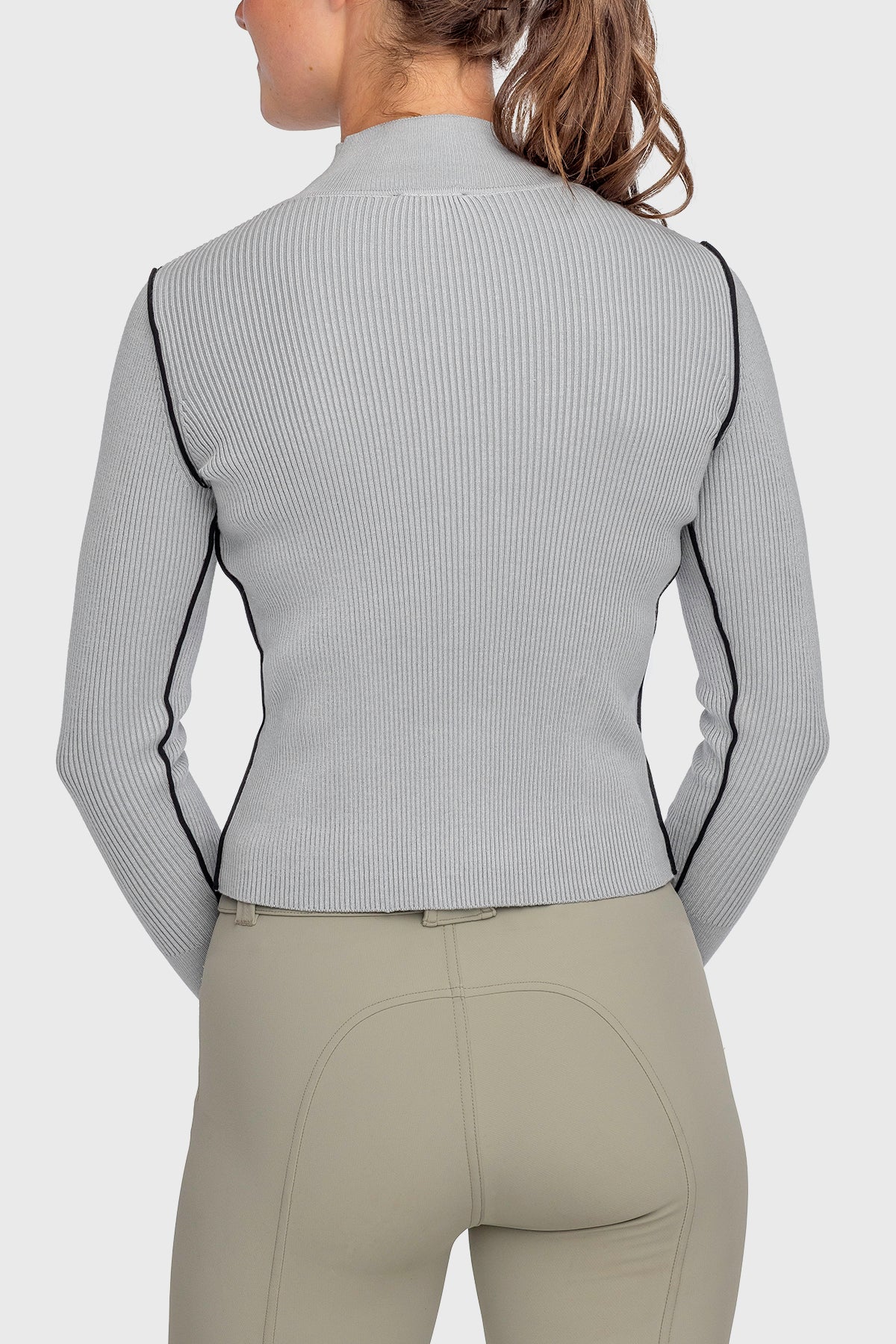 Kastel Dove Grey Ribbed Mock Neck Sweater With Black Piping
