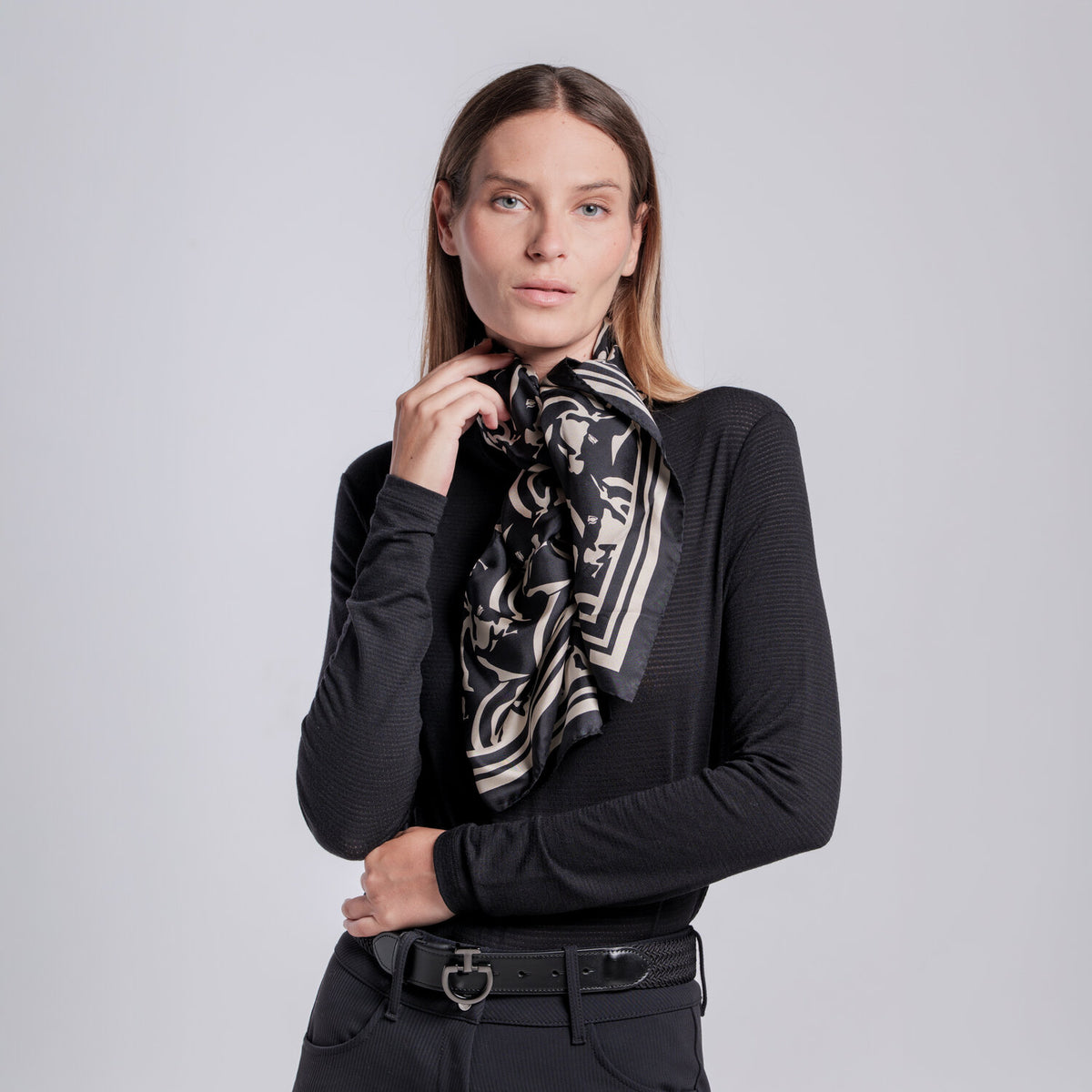 Cavalleria Toscana Horses Pattern Silk Foulard - Black/Rainy Day