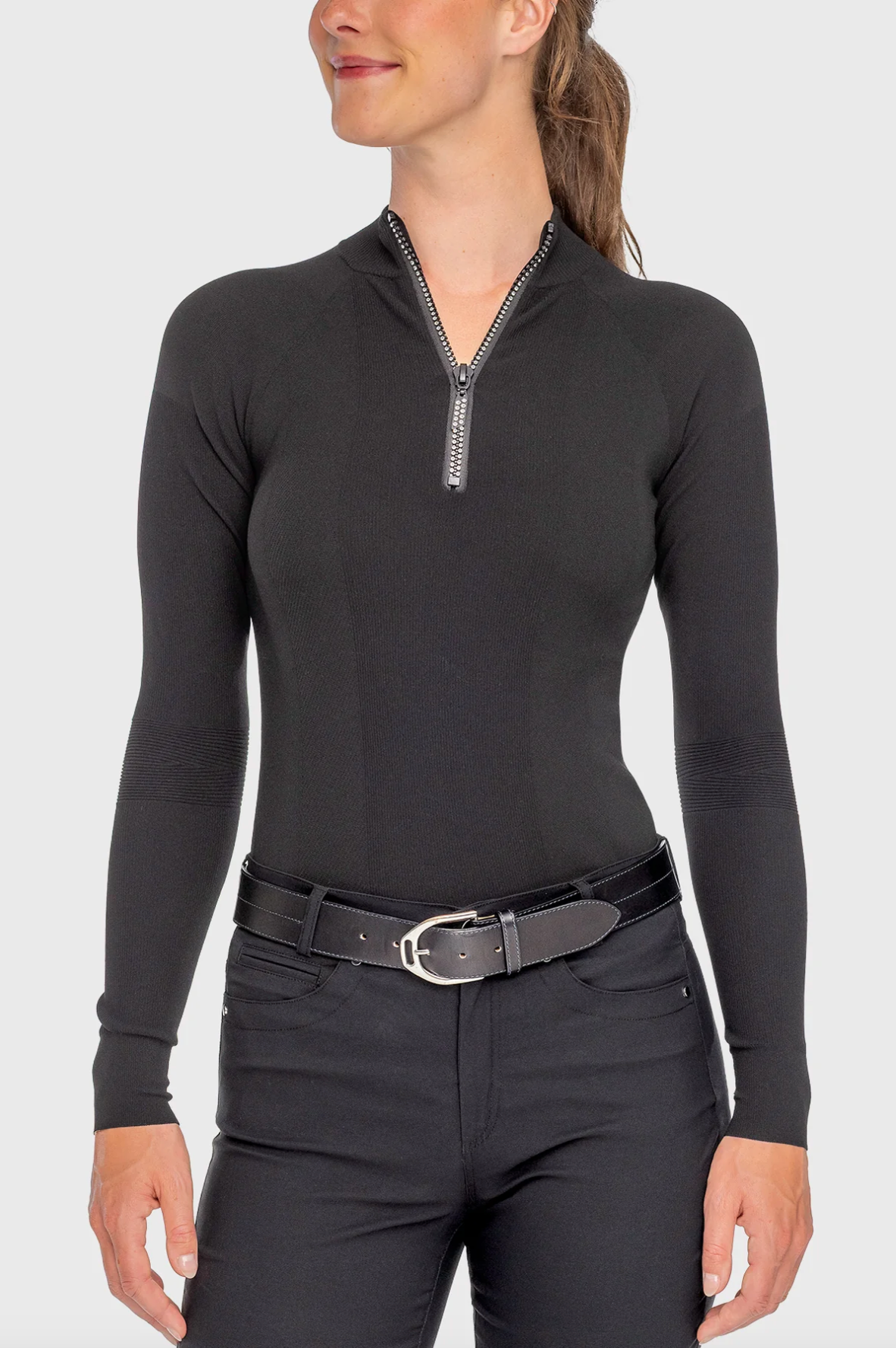Kastel Black Ribbed Knit Crystal Zipper Mock Neck Sweater