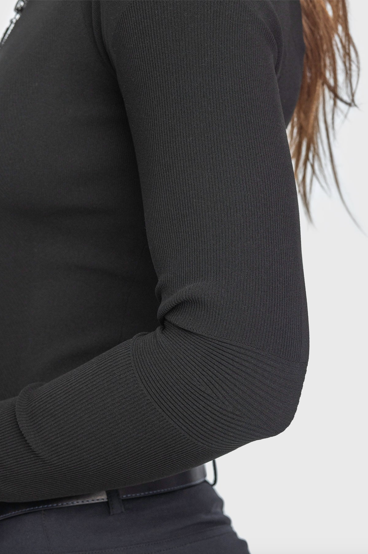 Kastel Black Ribbed Knit Crystal Zipper Mock Neck Sweater