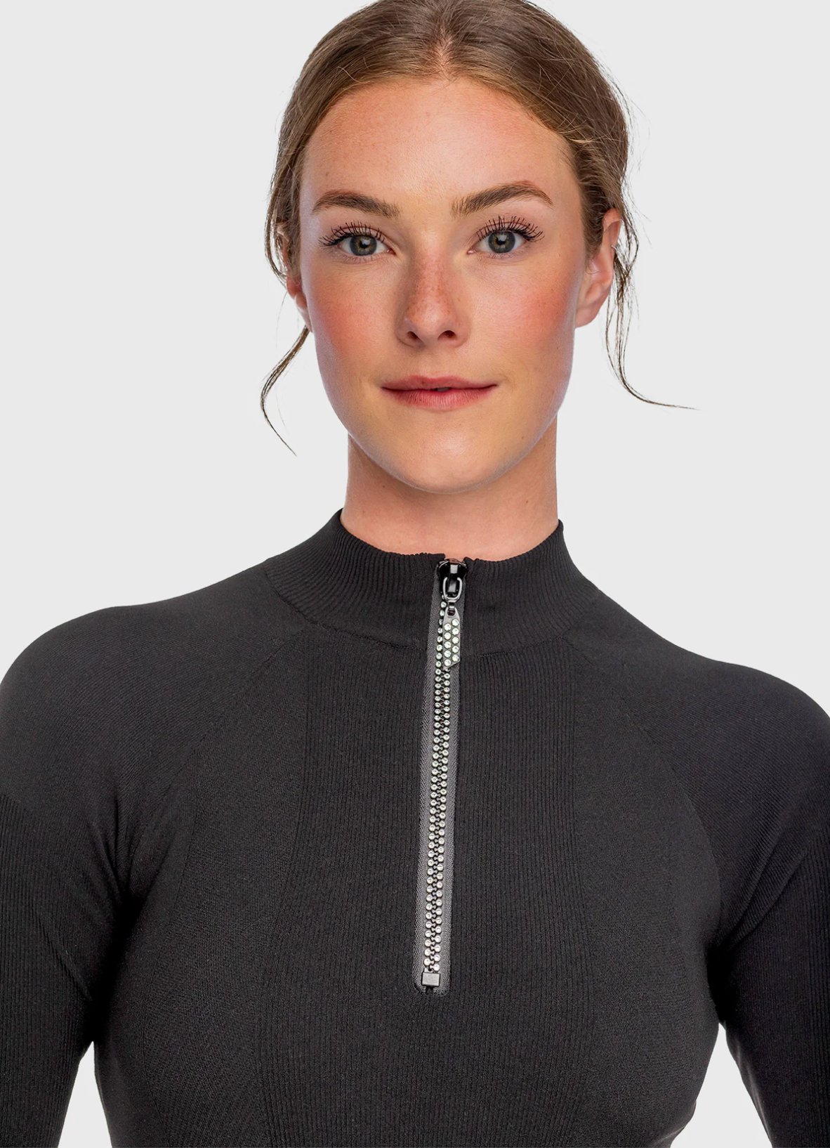 Kastel Black Ribbed Knit Crystal Zipper Mock Neck Sweater