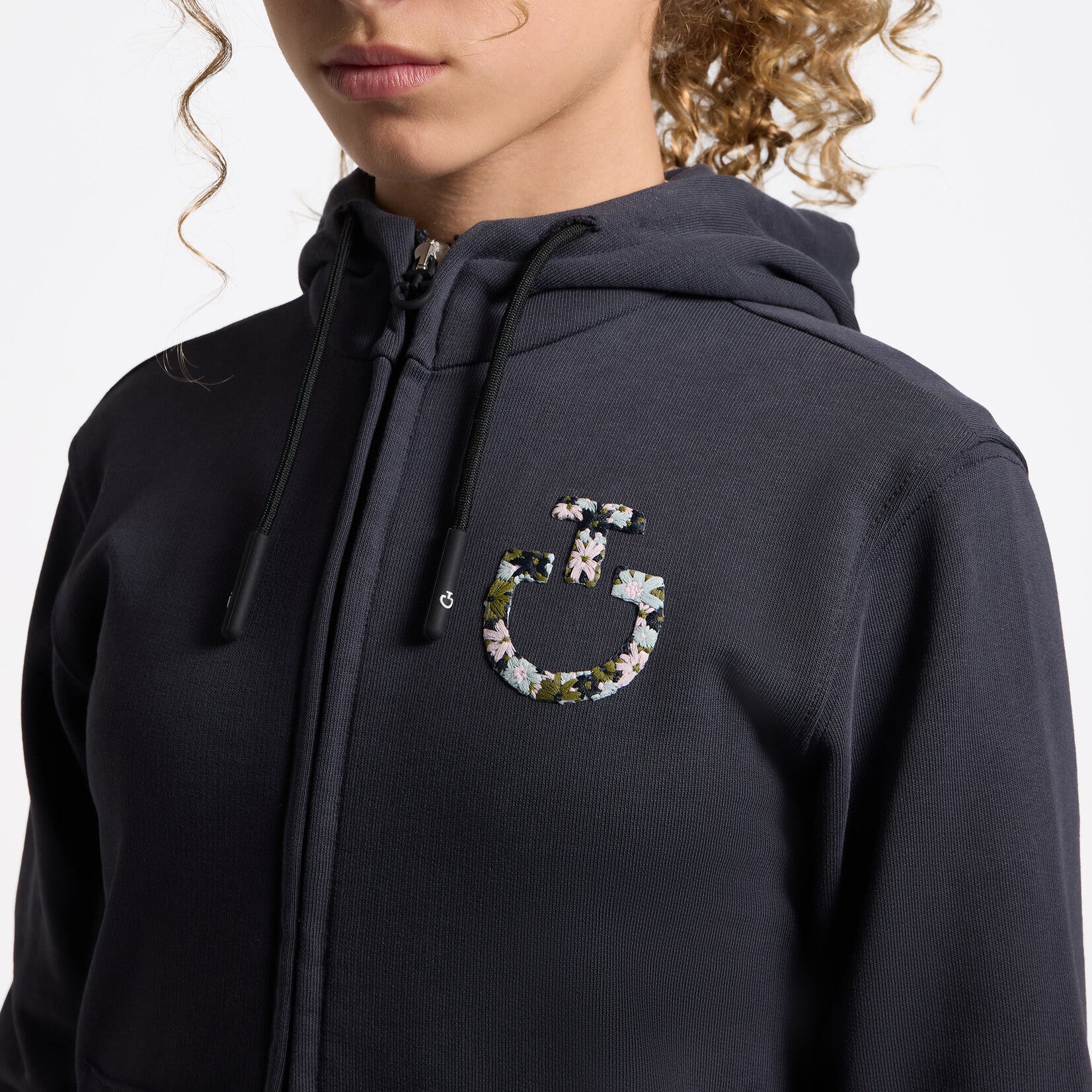 Cavalleria Toscana Girl's Hoodie with Zip and Floral Embroidery - Charcoal