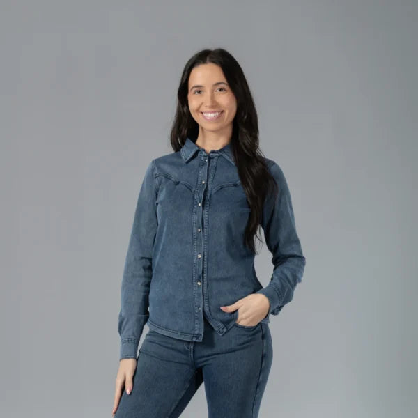 Horze Ulrika Womens Western Stretch Shirt - Denim Blue