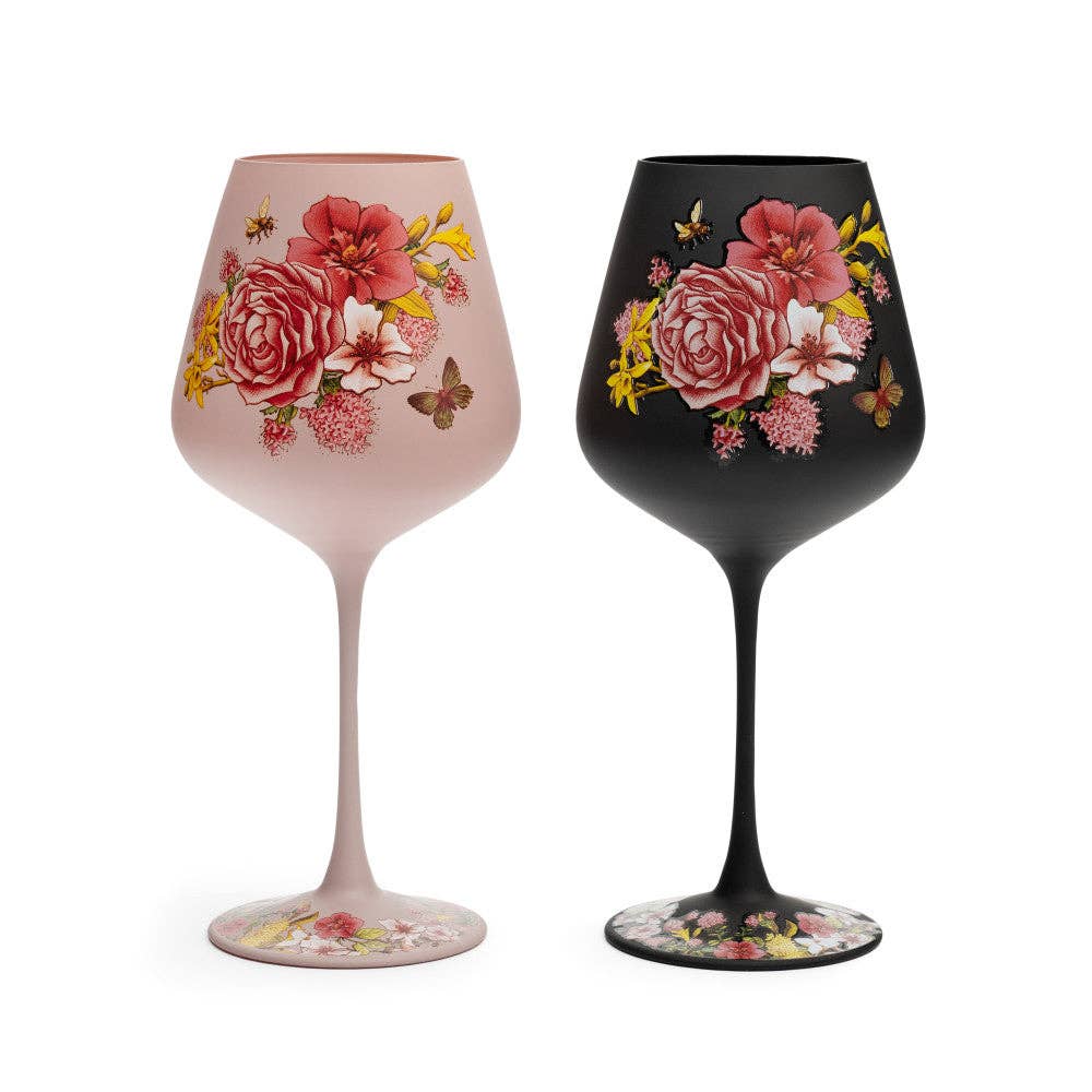 Floral Bouquet Pink & Black Set of 2 Wine Glasses in Giftbox