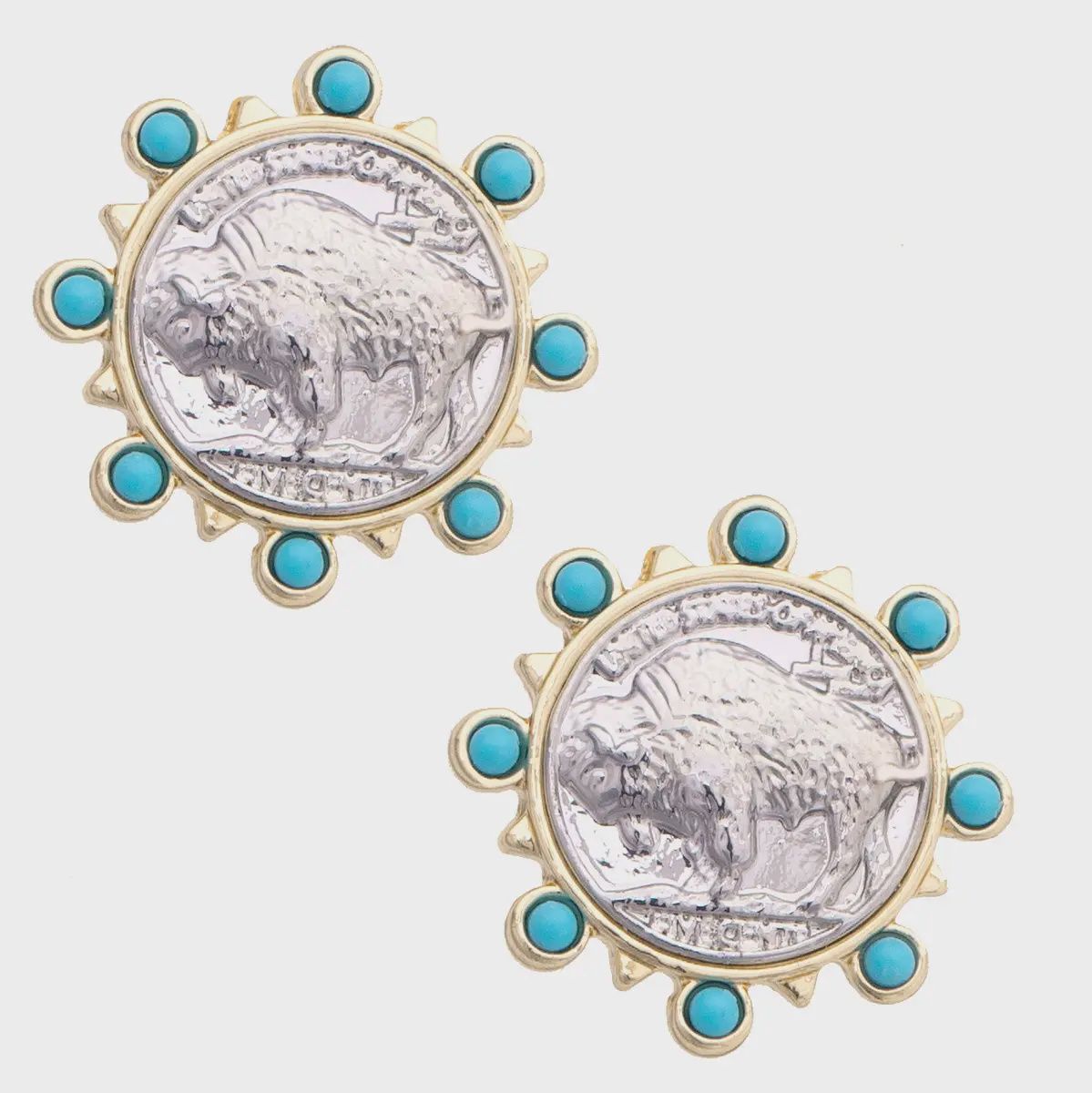 Buffalo Coin Stud Earrings in Silver and Turquoise