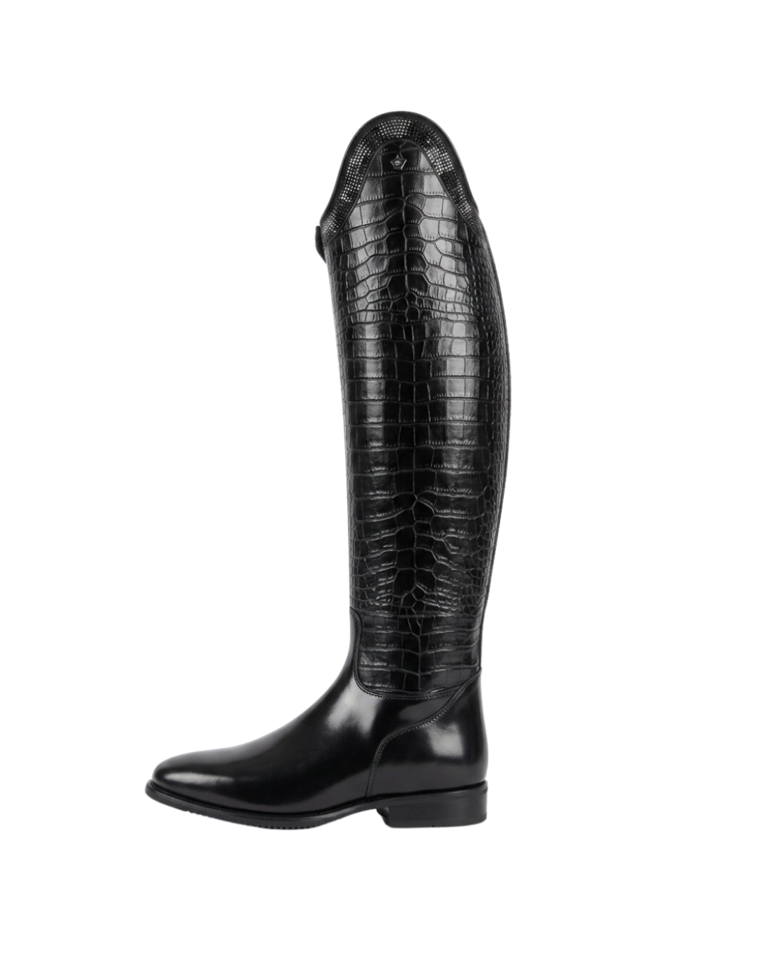 A single black DeNiro knee-high dressage riding boot with a glossy crocodile-embossed shaft and a smooth pointed toe, shown in profile against a plain white background.