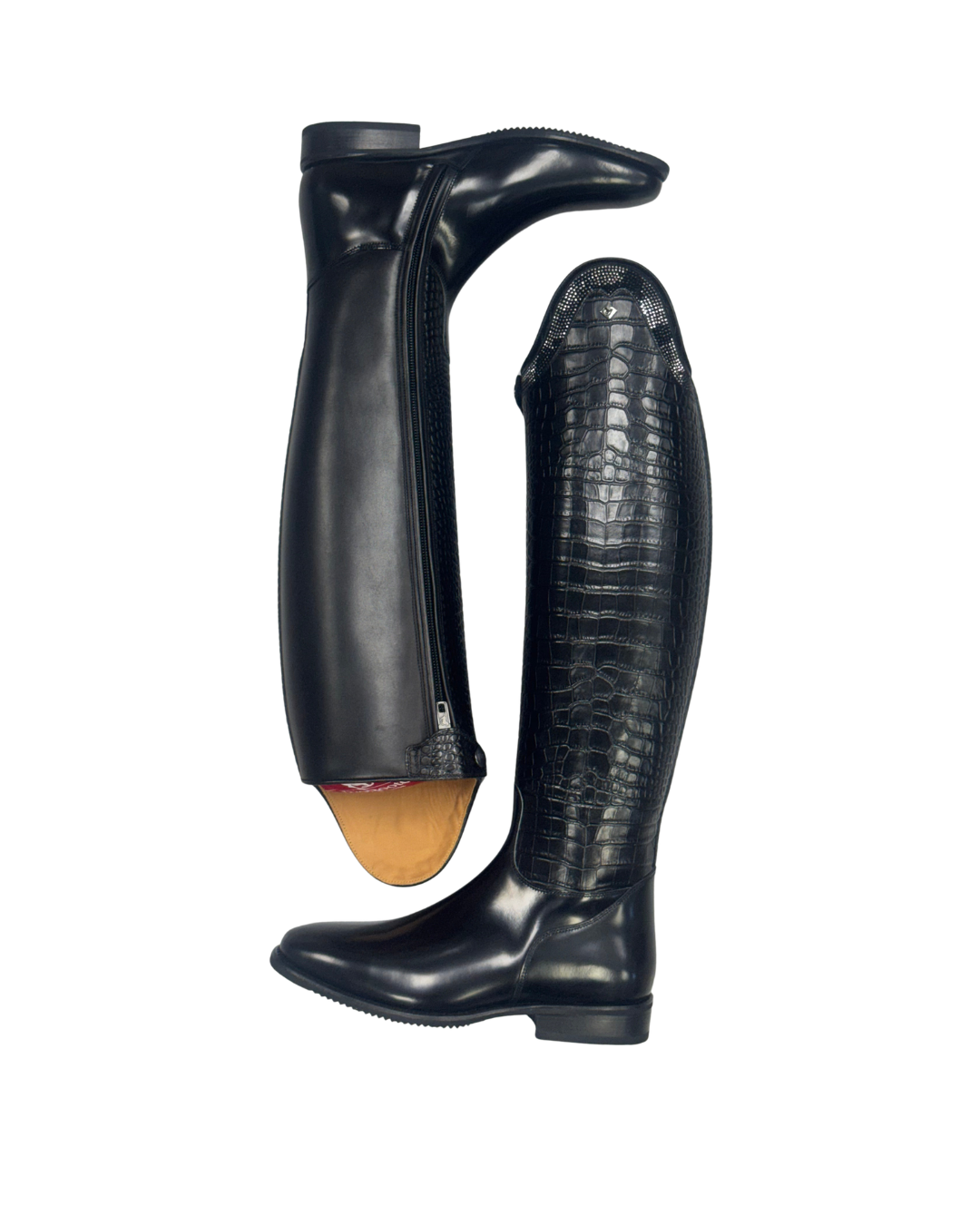 A pair of tall black DeNiro riding boots shown from the side and back on a plain white background. One boot displays a smooth leather interior shaft, while the other shows a textured crocodile-patterned leather shaft.