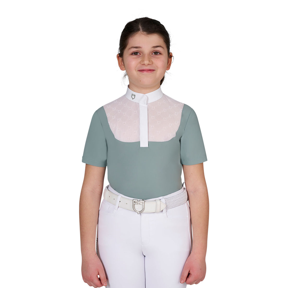 Equestro Girls' Elegant Short Sleeve Monogram Competition Polo Shirt - Slate Grey
