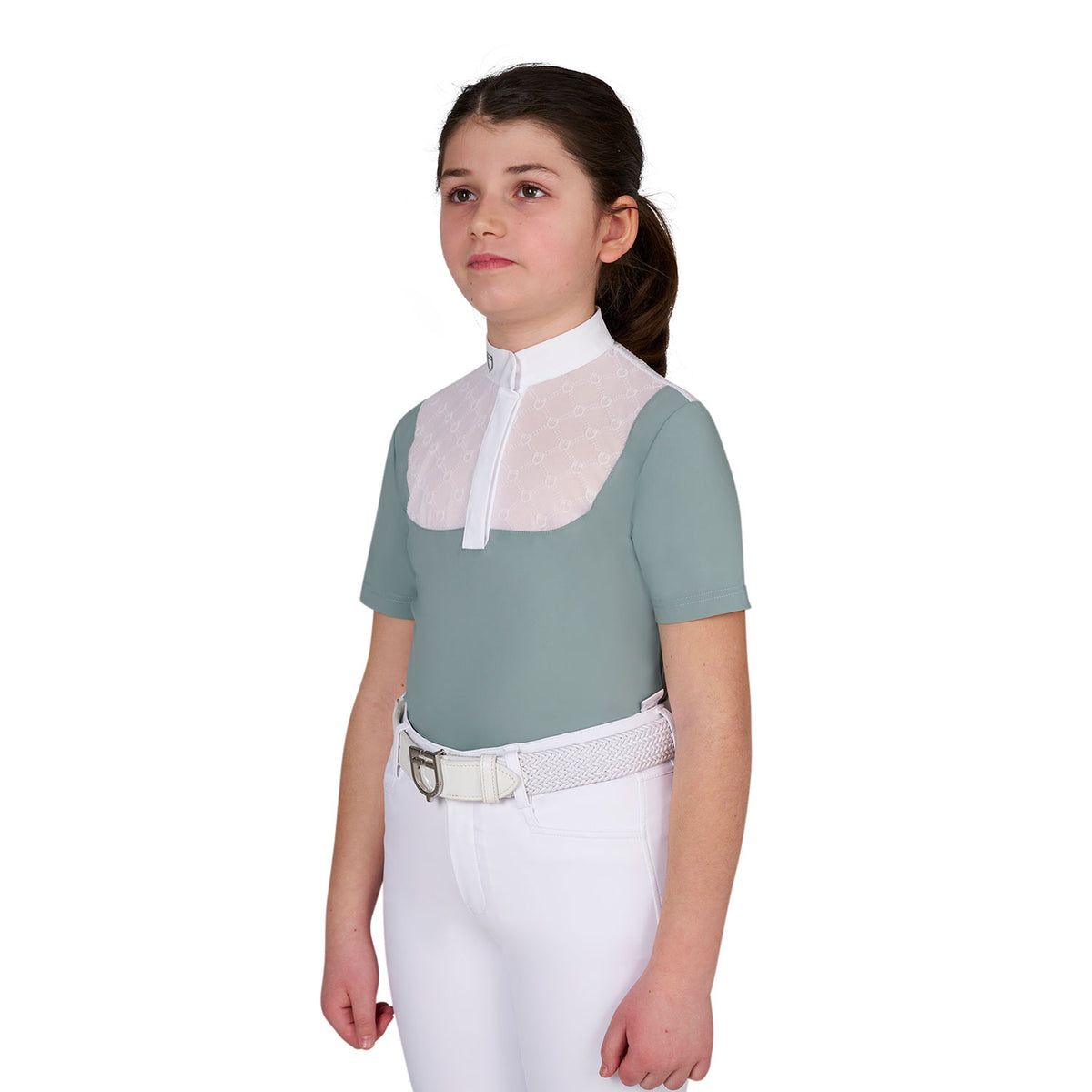 Equestro Girls' Elegant Short Sleeve Monogram Competition Polo Shirt - Slate Grey