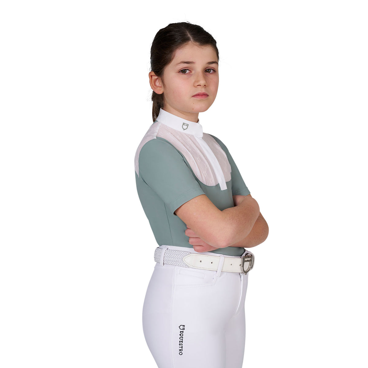 Equestro Girls' Elegant Short Sleeve Monogram Competition Polo Shirt - Slate Grey