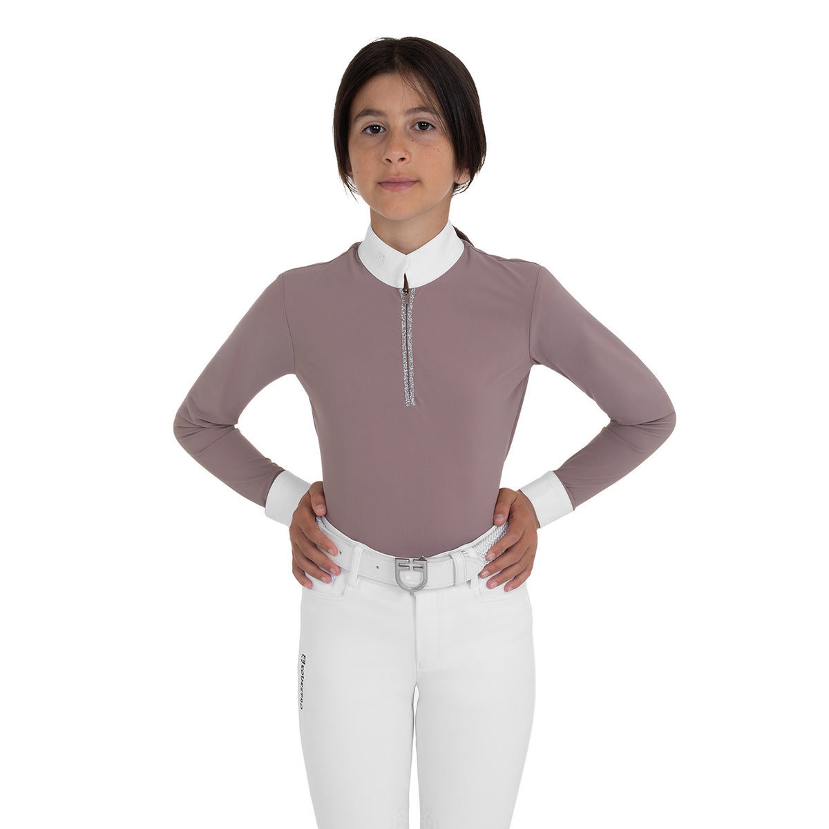 Equestro Kid's Stones Tape Competition Long Sleeve Polo Shirt - Antler