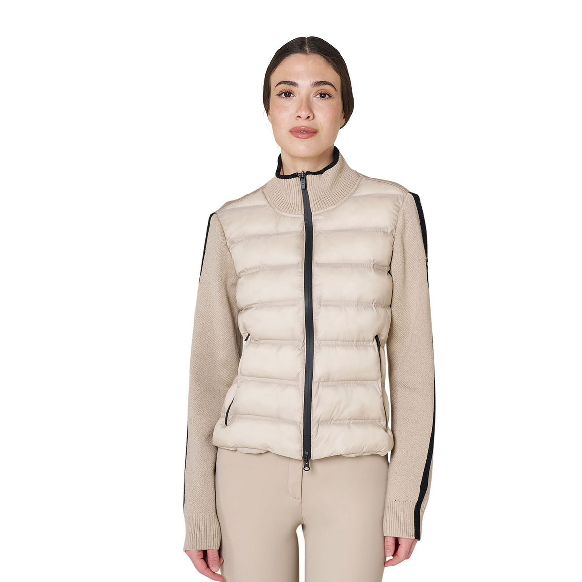Equestro Women's Full Zip Hybrid Nylon + Knit Jacket - Cobblestone
