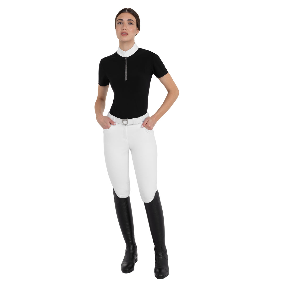 Equestro Women's Stones Tape Competition Short Sleeve Polo Shirt - Black