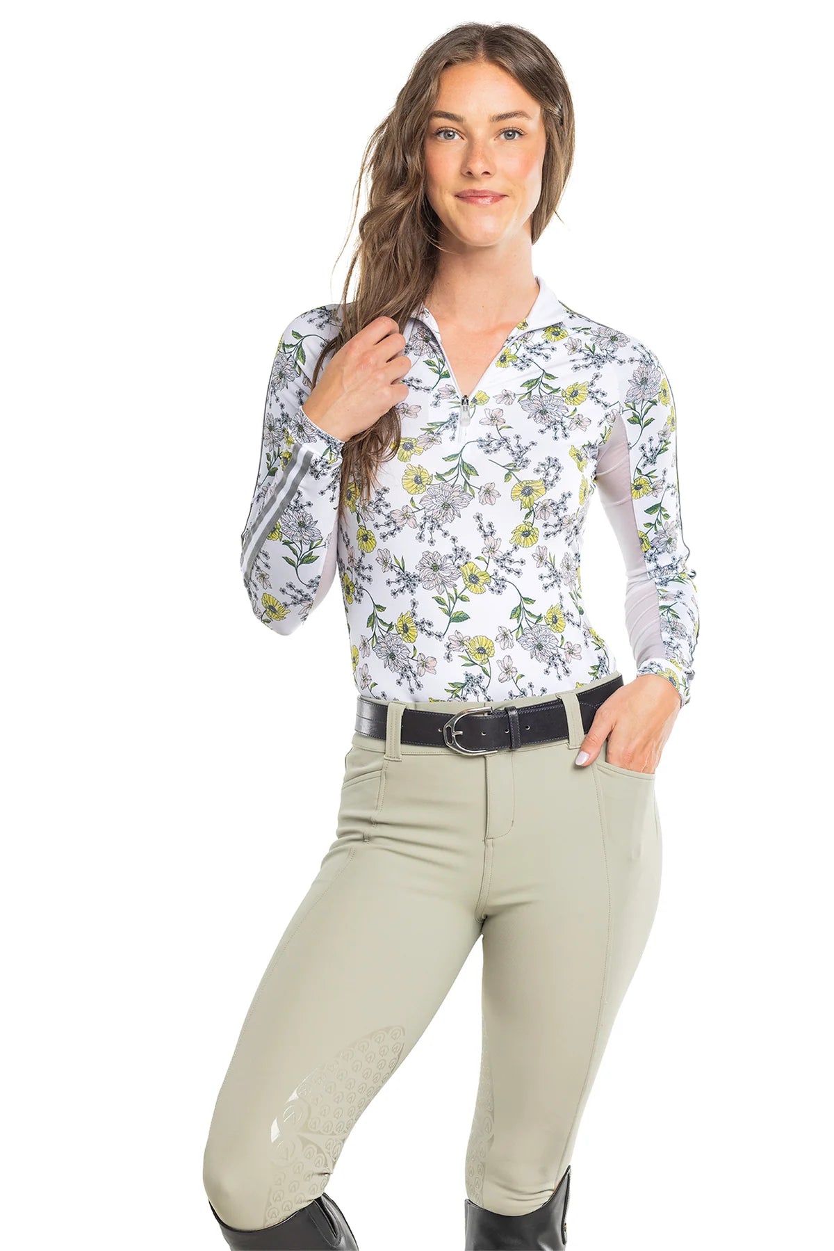 Kastel Yellow Wild Poppies Long Sleeve 1/4 Zip Sun Shirt With Trim