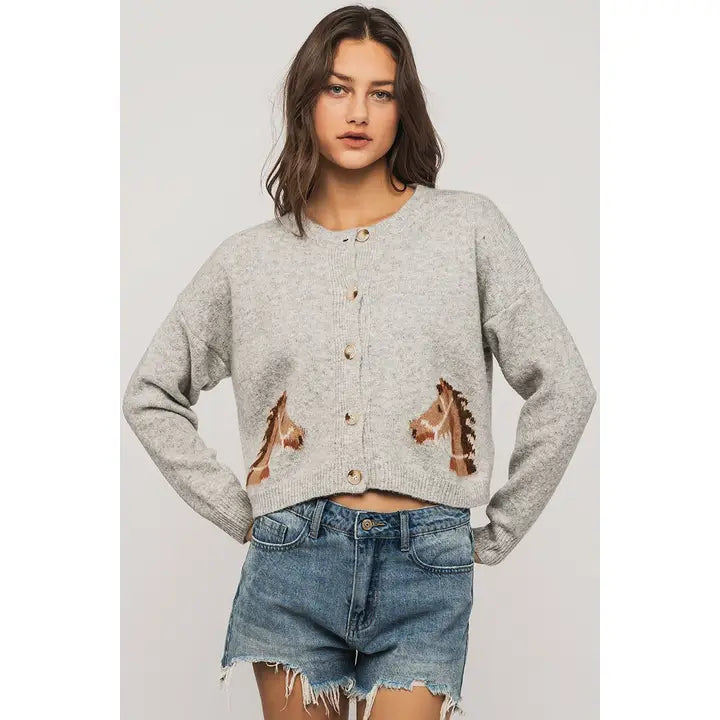 Western Horse Graphic Button Front Cropped Sweater