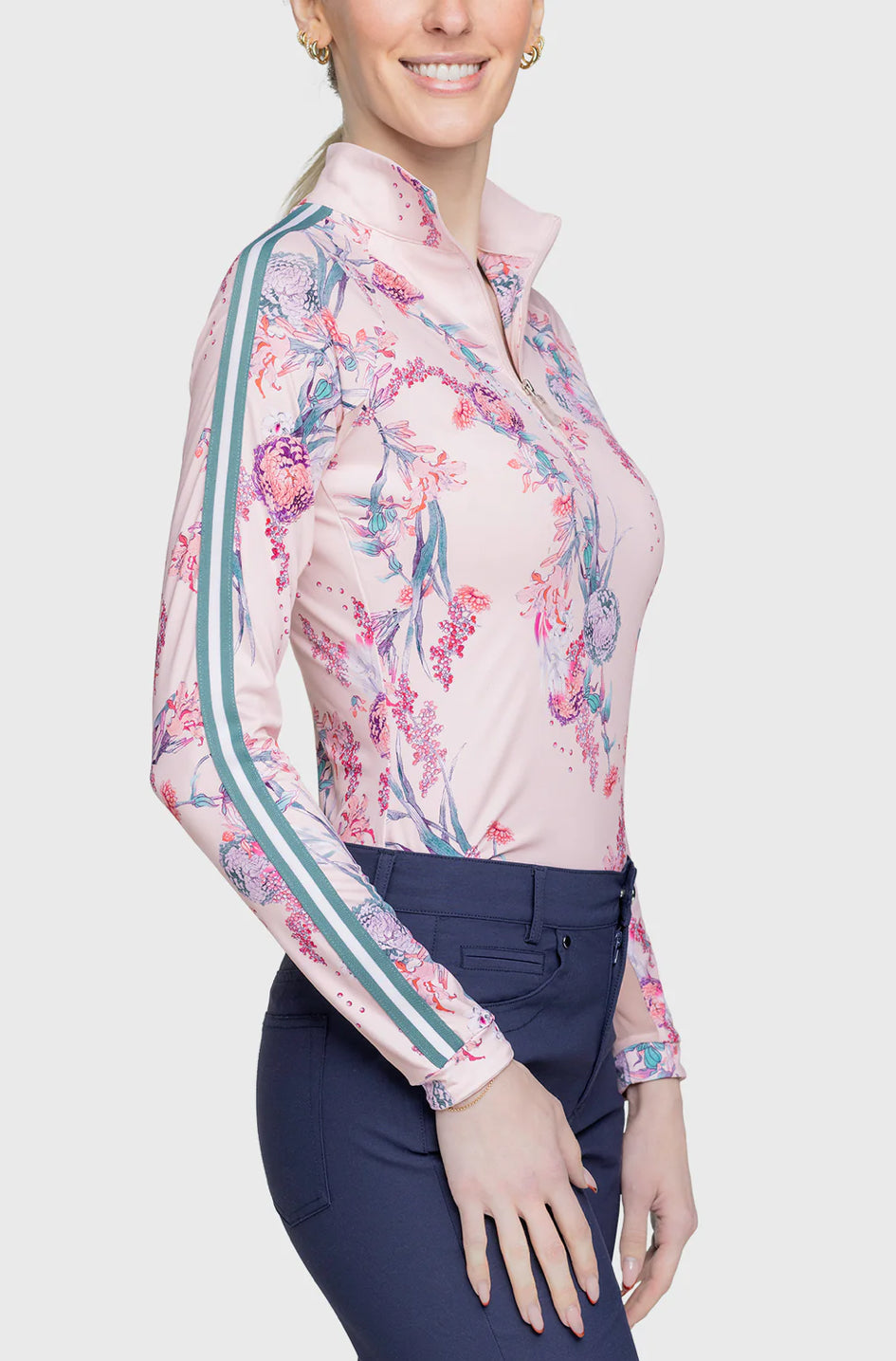 Kastel PINK TEA GARDEN 1/4 ZIP LONG SLEEVE SHIRT W/STRIPED TRIM