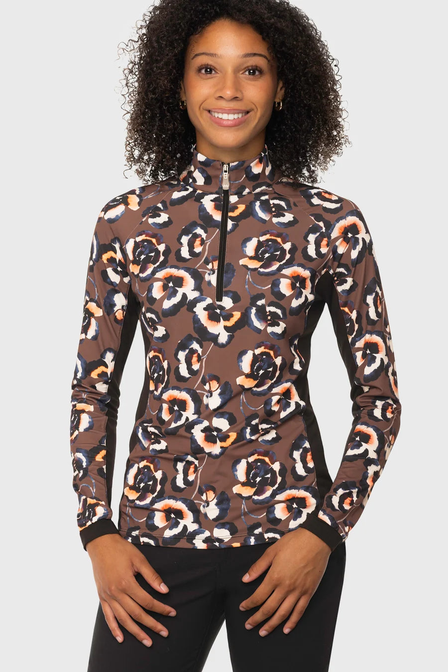 Kastel Chocolate Brown Pansies 1/4 Zip Long Sleeve Top w/Side Panels