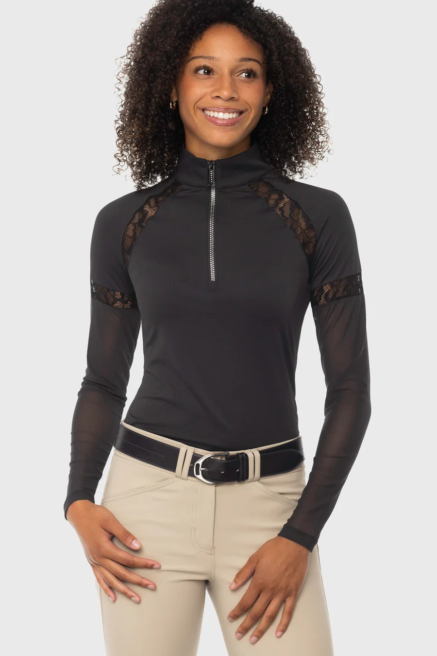 Kastel Black 1/4 Zip Long Sleeve Top w/Mesh Sleeves & Lace Insets