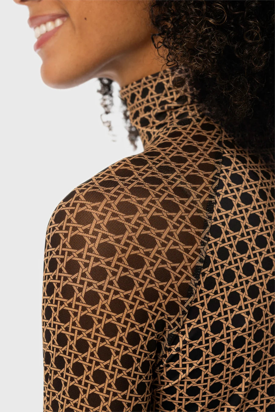 Kastel Camel Basketweave Mock Neck Long Sleeve Mesh Raglan
